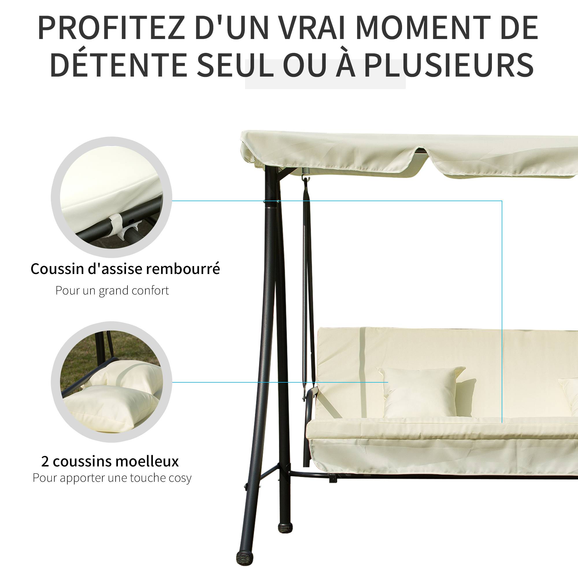 Outsunny - Balancelle de jardin convertible 3 places grand confort inclinaison toit réglable matelas et coussins fournis métal polyester noir et crème - Outsunny - Imagen 6