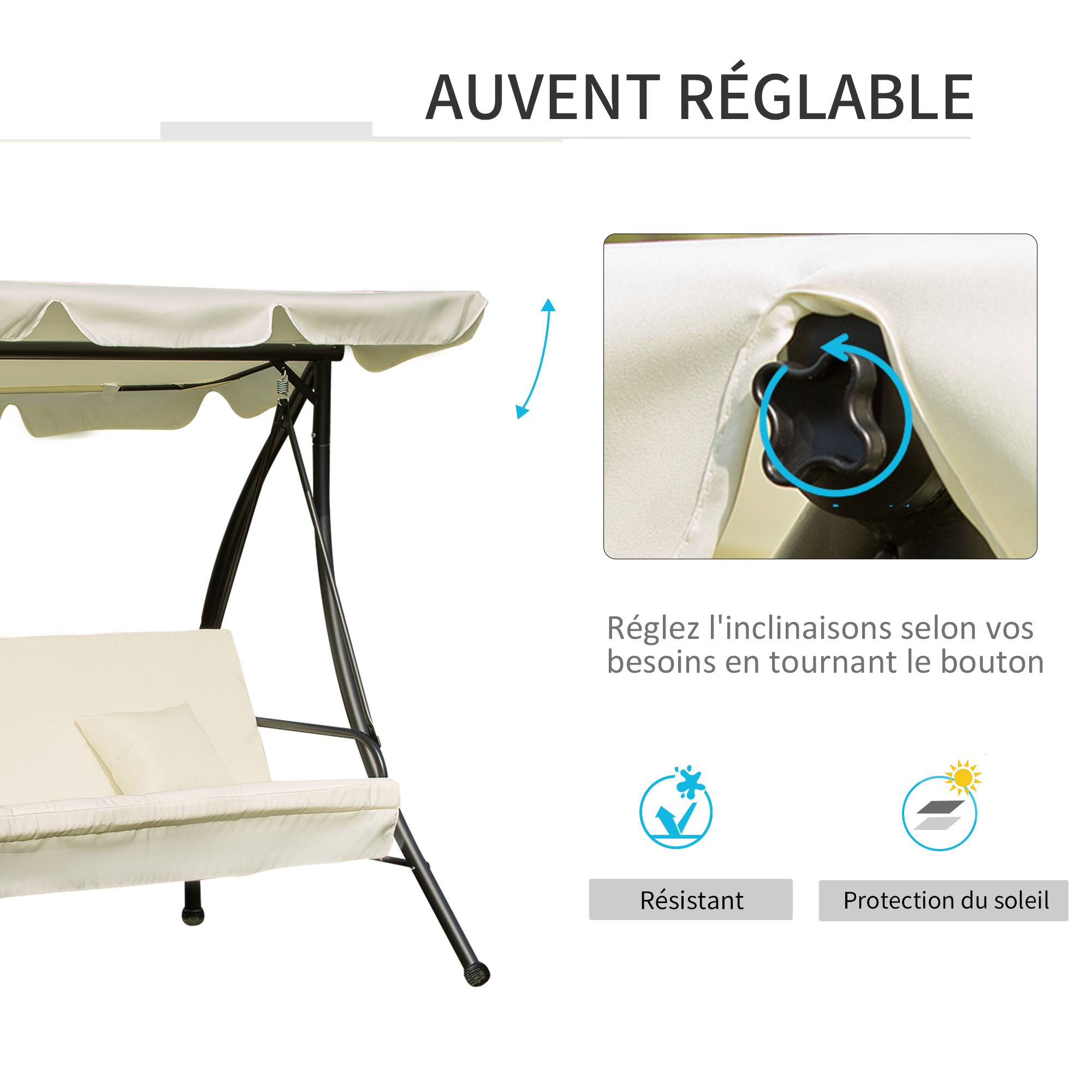 Outsunny - Balancelle de jardin convertible 3 places grand confort inclinaison toit réglable matelas et coussins fournis métal polyester noir et crème - Outsunny - Imagen 5