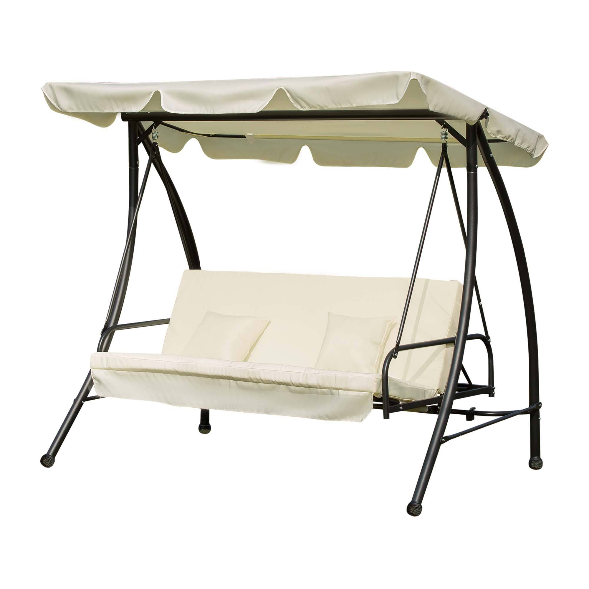 Outsunny - Balancelle de jardin convertible 3 places grand confort inclinaison toit réglable matelas et coussins fournis métal polyester noir et crème - Outsunny - Imagen 1