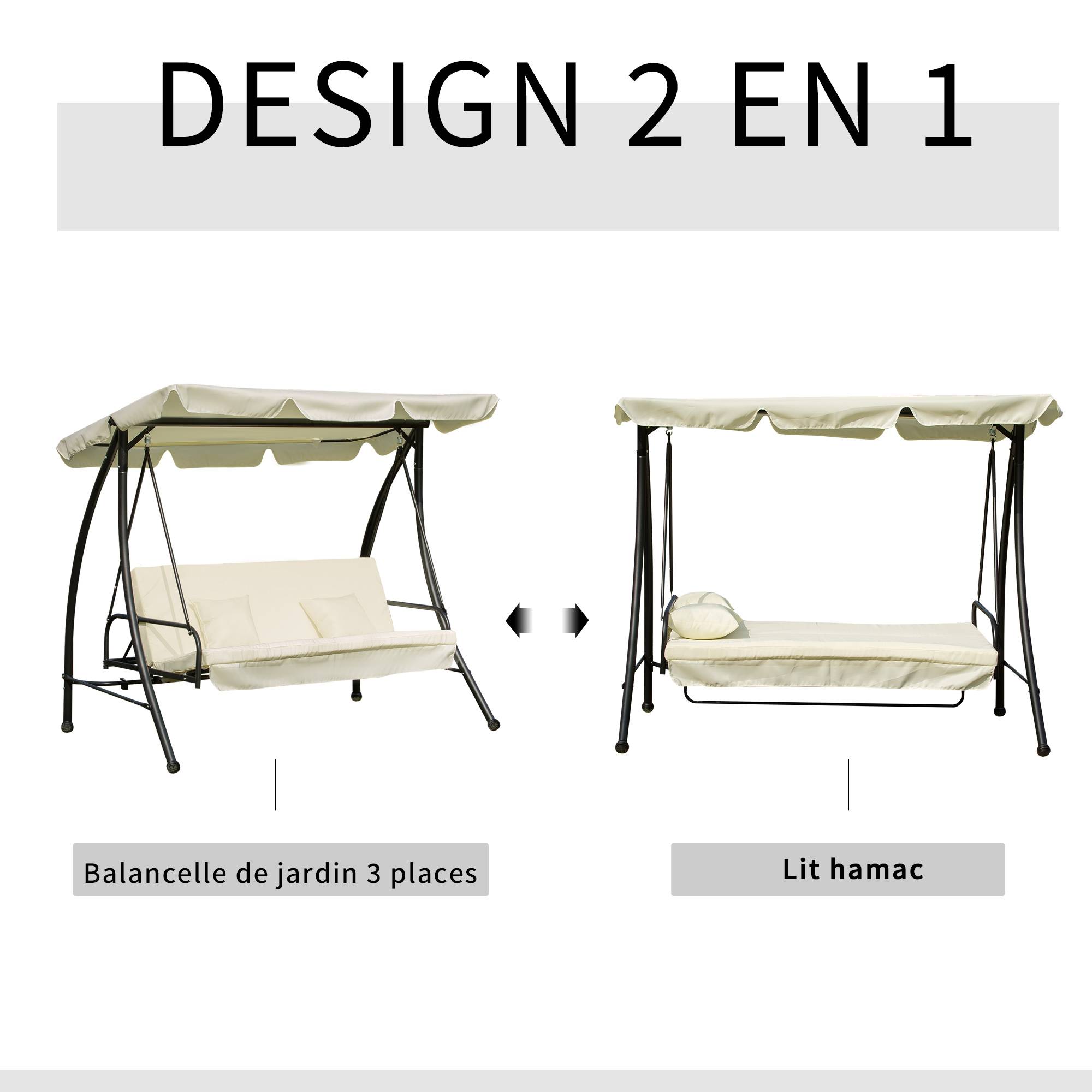 Outsunny - Balancelle de jardin convertible 3 places grand confort inclinaison toit réglable matelas et coussins fournis métal polyester noir et crème - Outsunny - Imagen 4