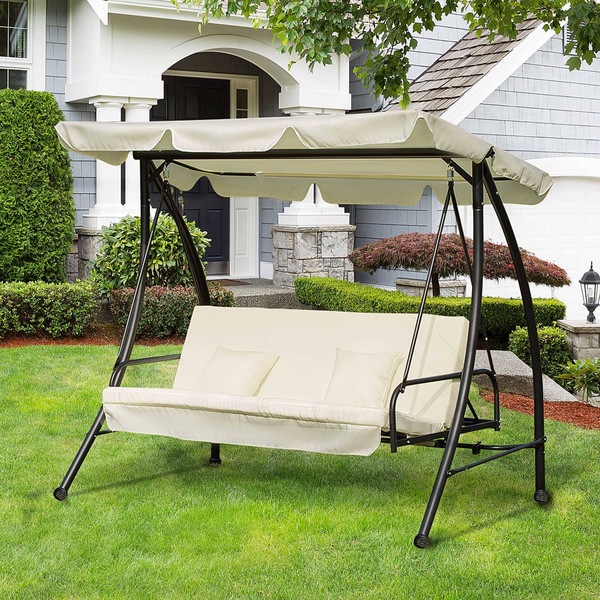 Outsunny - Balancelle de jardin convertible 3 places grand confort inclinaison toit réglable matelas et coussins fournis métal polyester noir et crème - Outsunny - Imagen 2