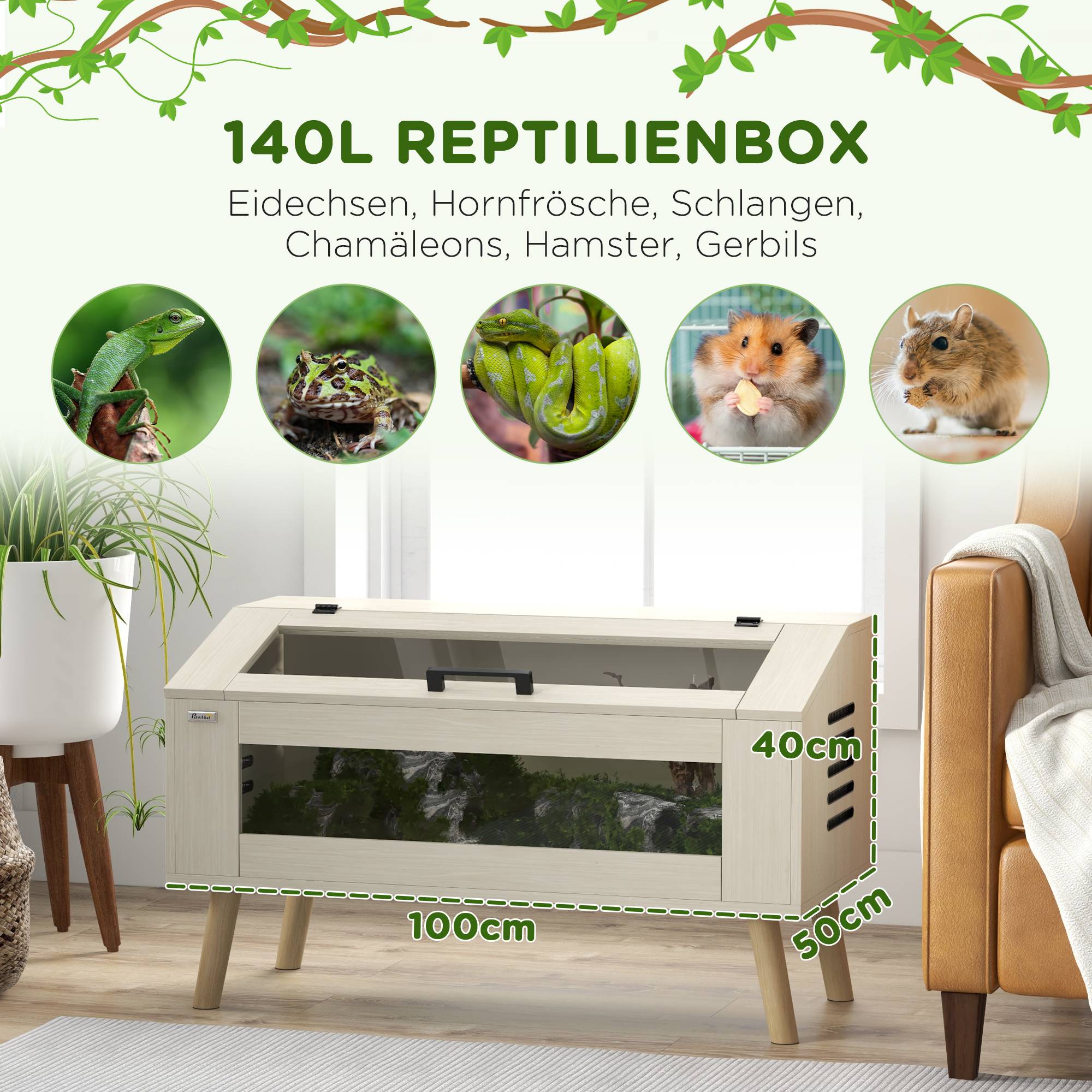 Boîte pour reptiles, caisson pour lézards, 140 litres, compatible avec tapis chauffant, fenêtres en verre - Image 6
