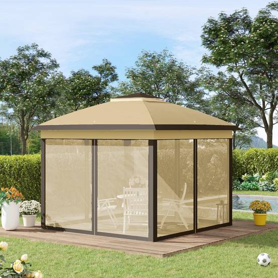 Sans Marque - Tente pliante 3,3 x 3,3 m à hauteur réglable, double toit, 4 moustiquaires amovibles et sac de transport anti-UV, beige - Image 4