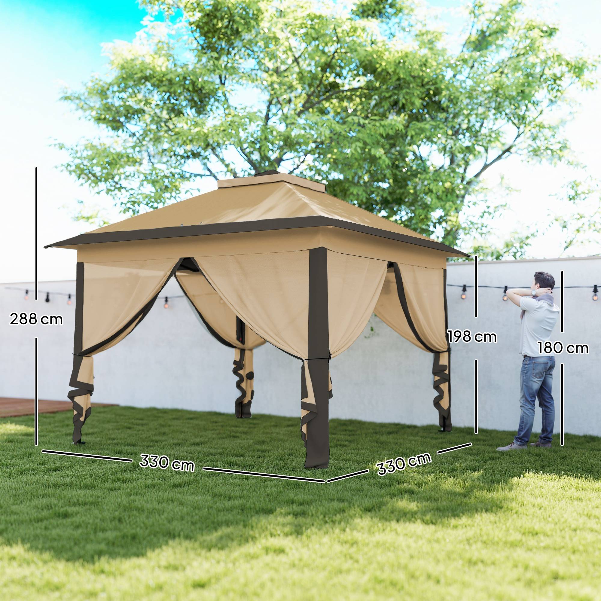Sans Marque - Tente pliante 3,3 x 3,3 m à hauteur réglable, double toit, 4 moustiquaires amovibles et sac de transport anti-UV, beige - Image 5