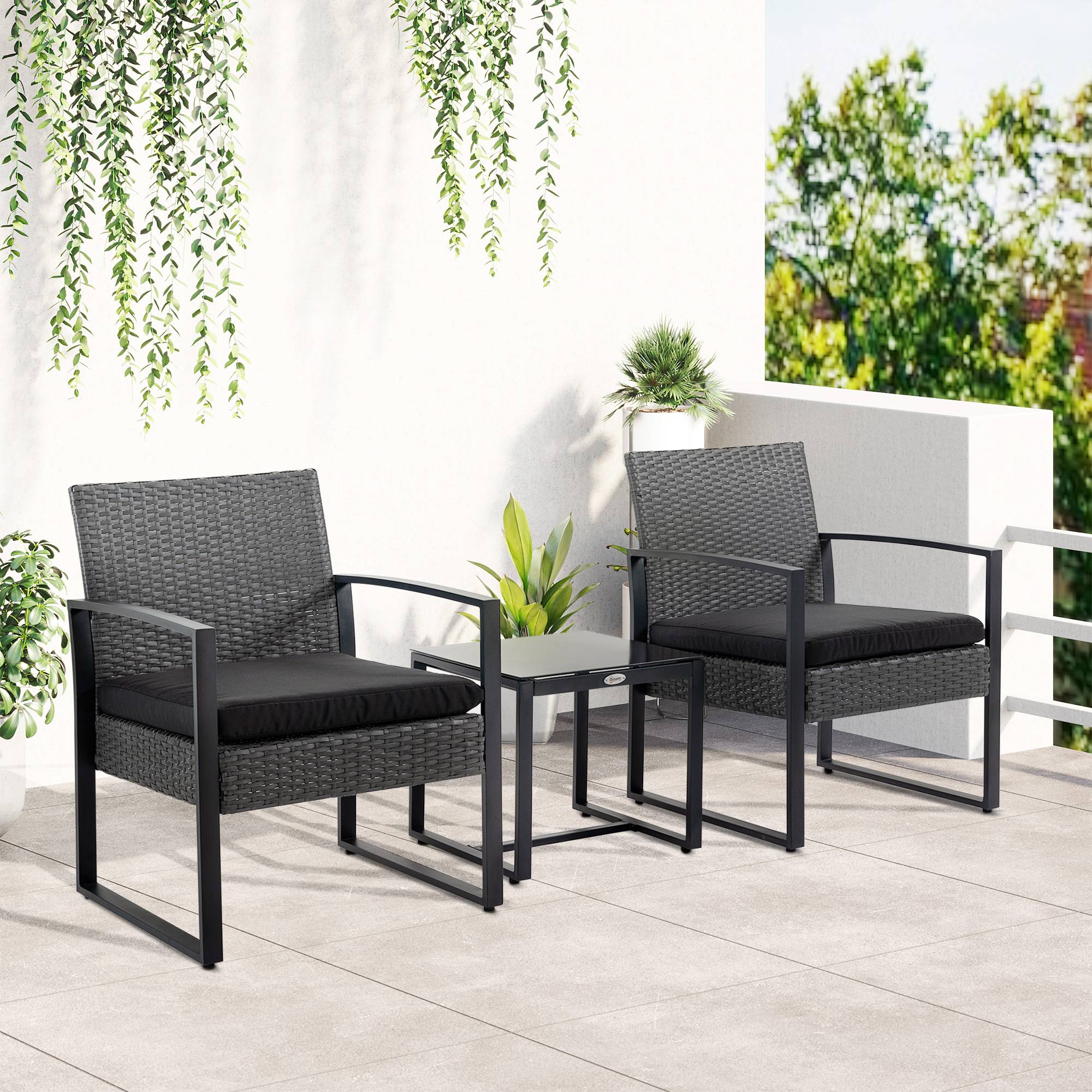 Outsunny - Salon de jardin 2 places 3 pièces 2 chaises avec coussins + table basse plateau verre trempé résine tressée aspect rotin noir - Outsunny - Imagen 2