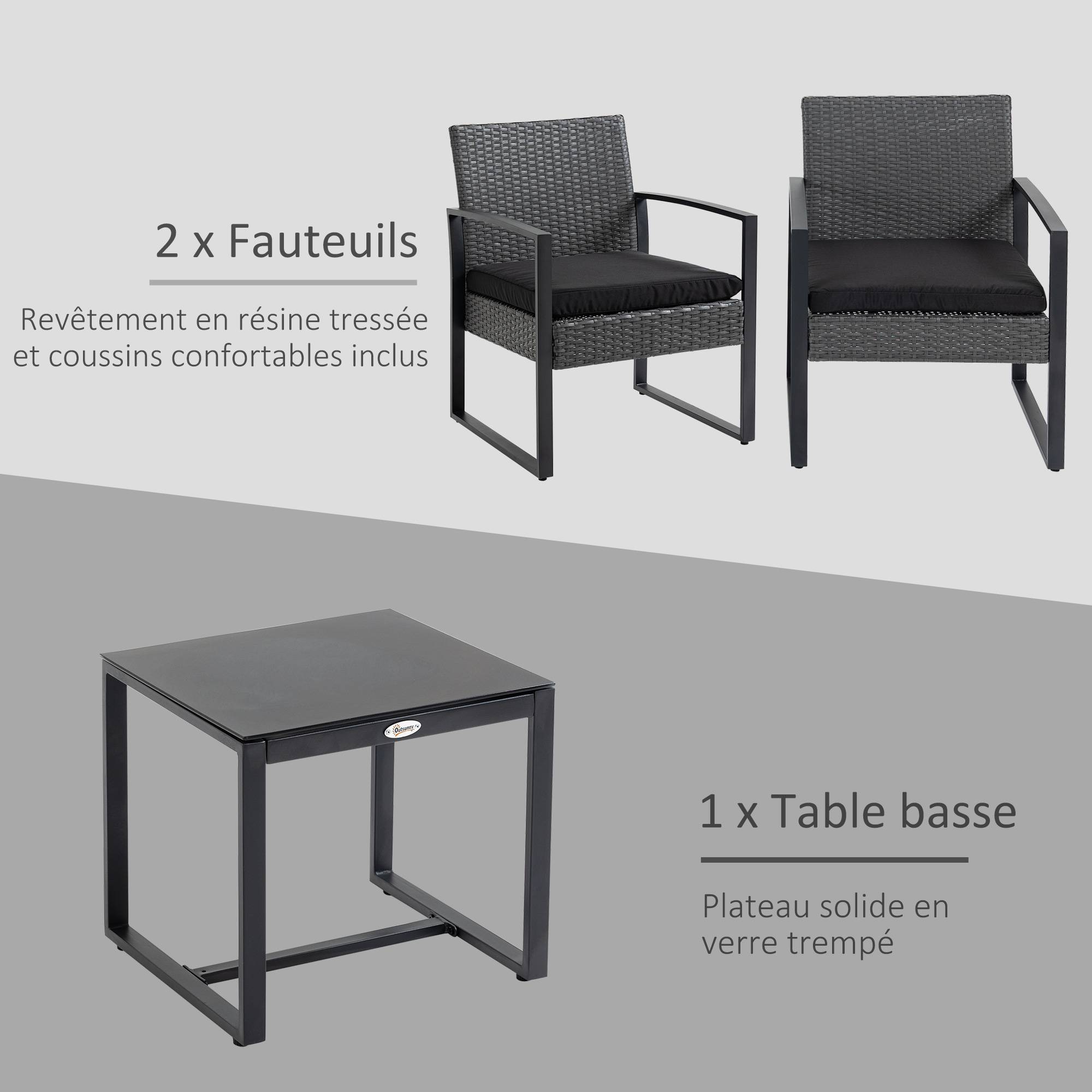 Outsunny - Salon de jardin 2 places 3 pièces 2 chaises avec coussins + table basse plateau verre trempé résine tressée aspect rotin noir - Outsunny - Imagen 5
