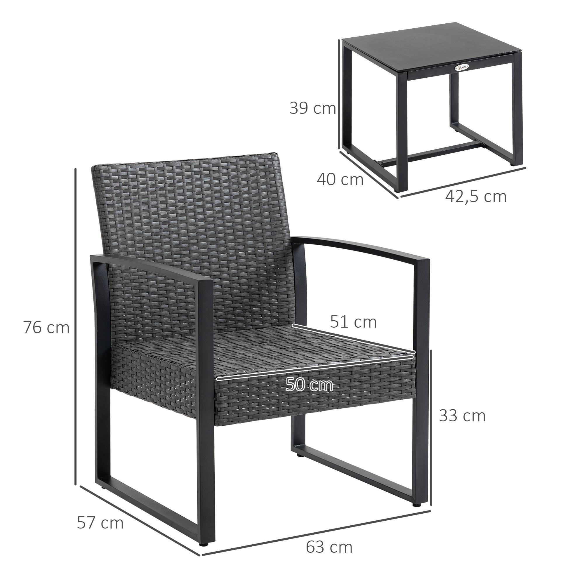 Outsunny - Salon de jardin 2 places 3 pièces 2 chaises avec coussins + table basse plateau verre trempé résine tressée aspect rotin noir - Outsunny - Imagen 3