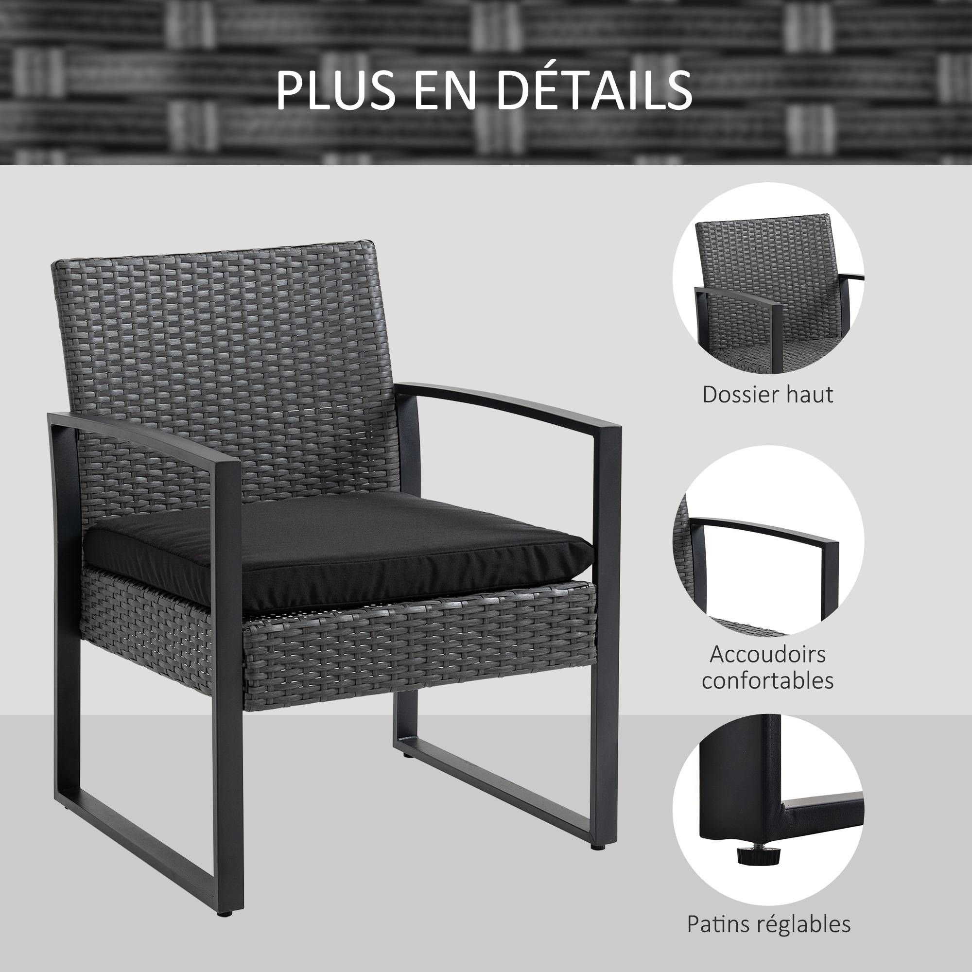 Outsunny - Salon de jardin 2 places 3 pièces 2 chaises avec coussins + table basse plateau verre trempé résine tressée aspect rotin noir - Outsunny - Imagen 6
