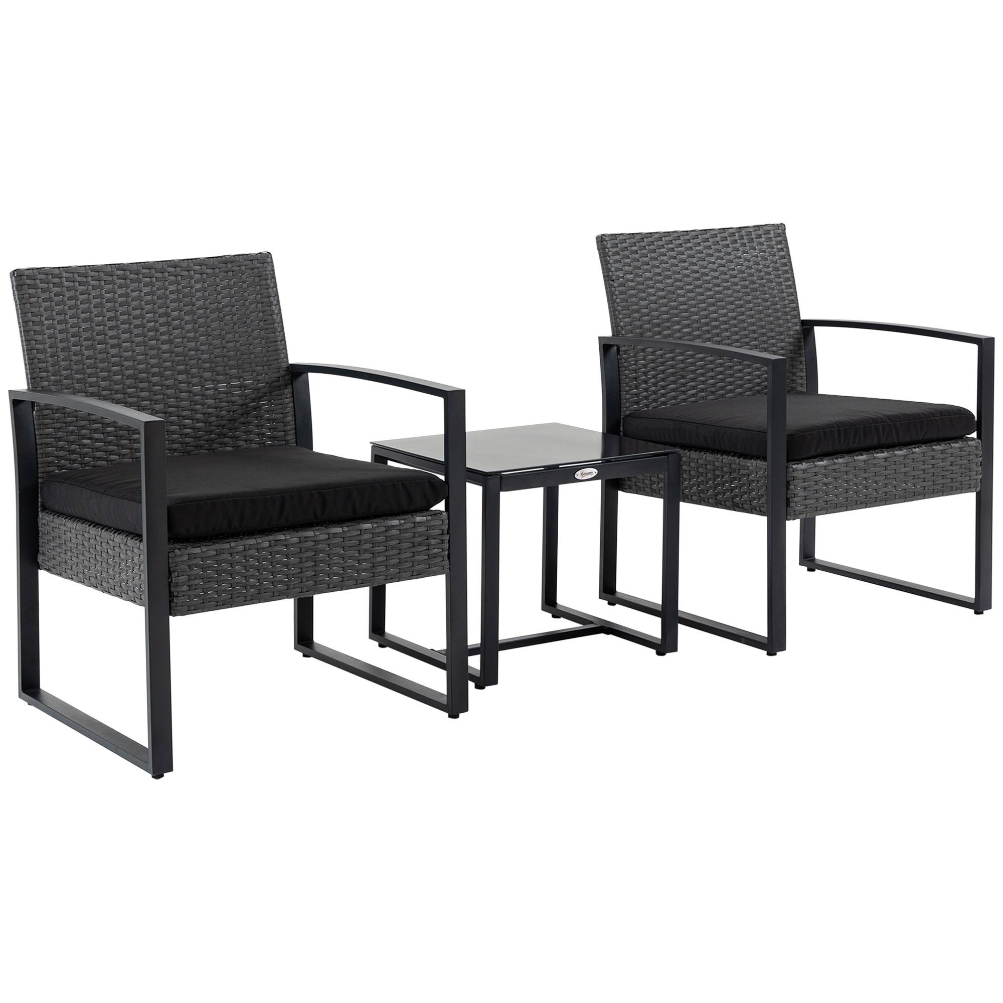 Outsunny - Salon de jardin 2 places 3 pièces 2 chaises avec coussins + table basse plateau verre trempé résine tressée aspect rotin noir - Outsunny - Imagen 1