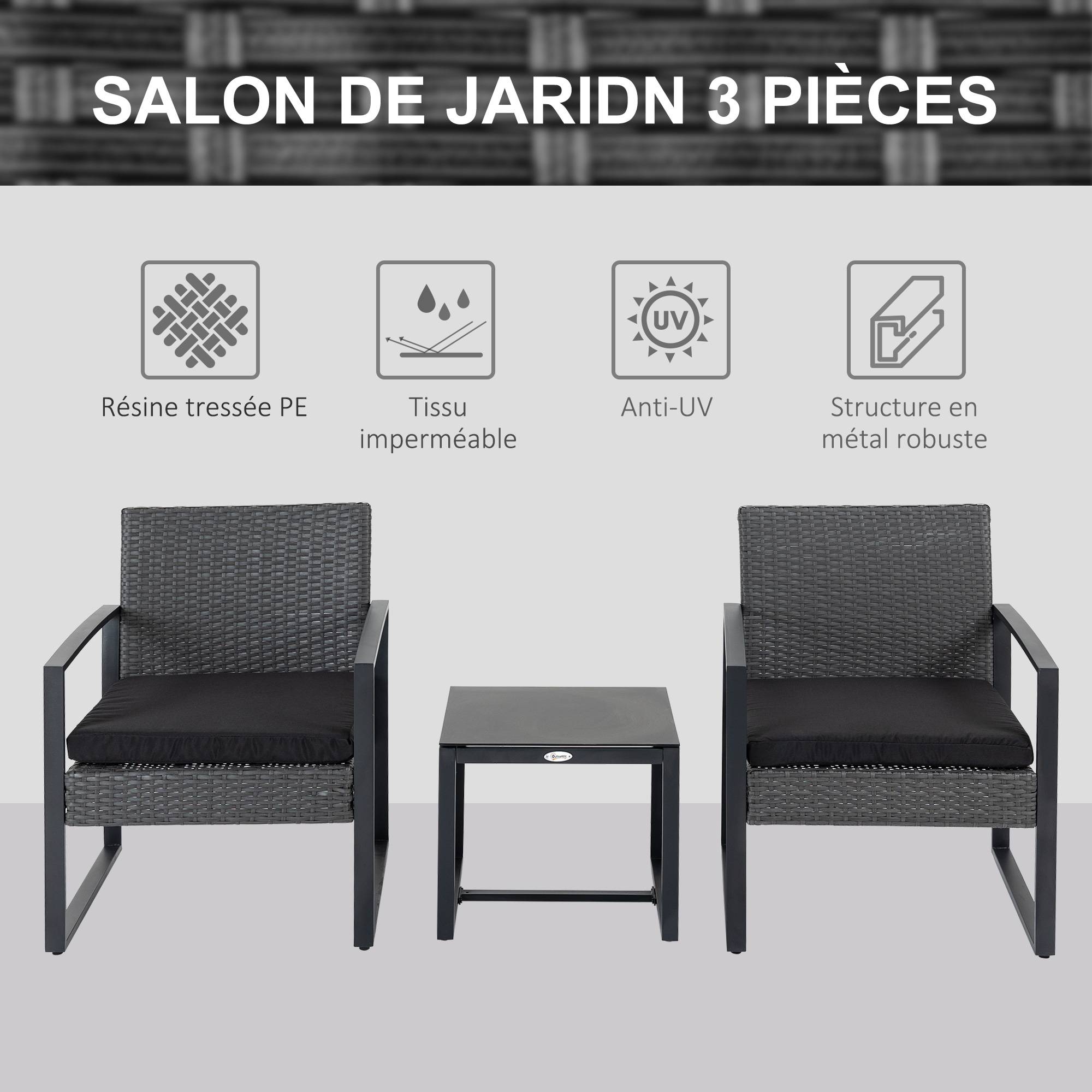 Outsunny - Salon de jardin 2 places 3 pièces 2 chaises avec coussins + table basse plateau verre trempé résine tressée aspect rotin noir - Outsunny - Imagen 4