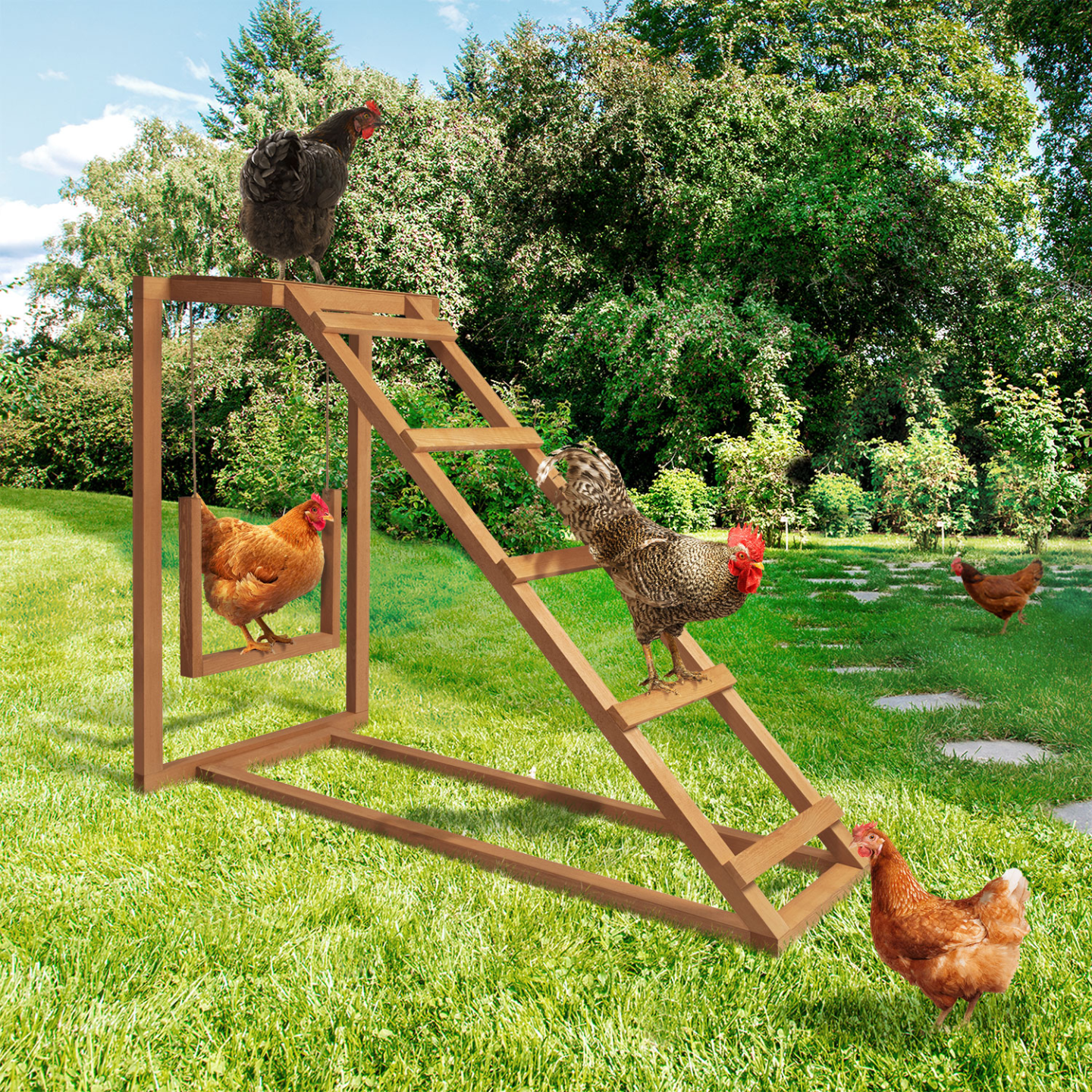 Aire de jeux en bois pour poules avec balançoire et perchoir - Image 1