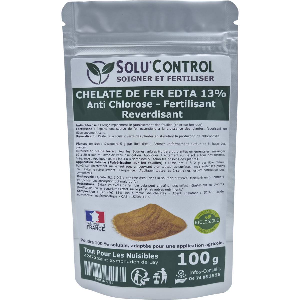 SOLU'CONTROL - Chélate de Fer EDTA 13%, Anti-chlorose, Fertilisant, Reverdissant - 100g - Image 2