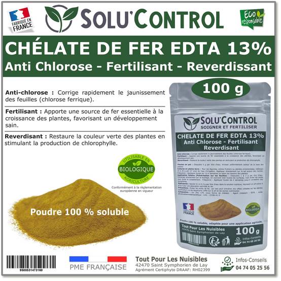 SOLU'CONTROL - Chélate de Fer EDTA 13%, Anti-chlorose, Fertilisant, Reverdissant - 100g - Image 1