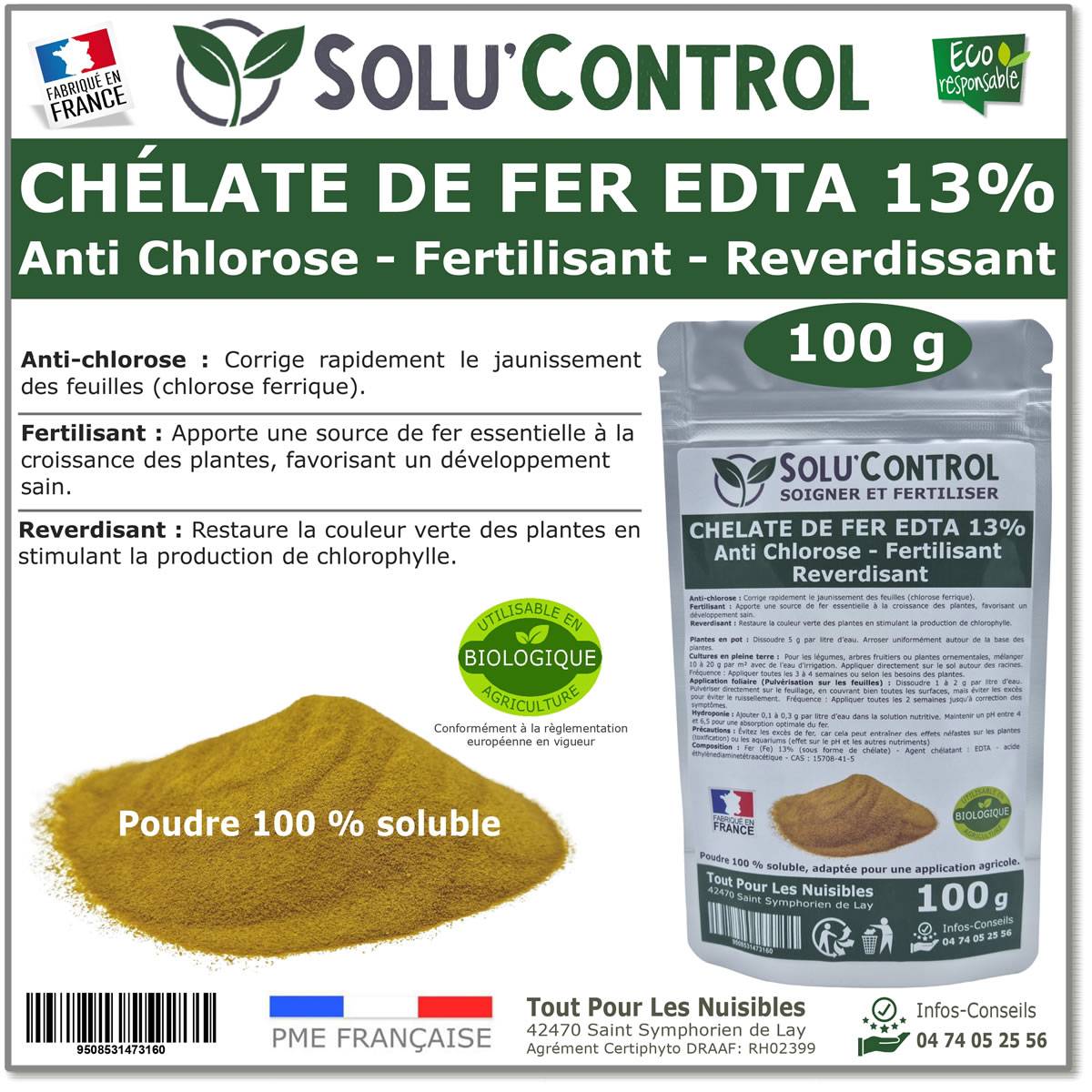 SOLU'CONTROL - Chélate de Fer EDTA 13%, Anti-chlorose, Fertilisant, Reverdissant - 100g - Image 1