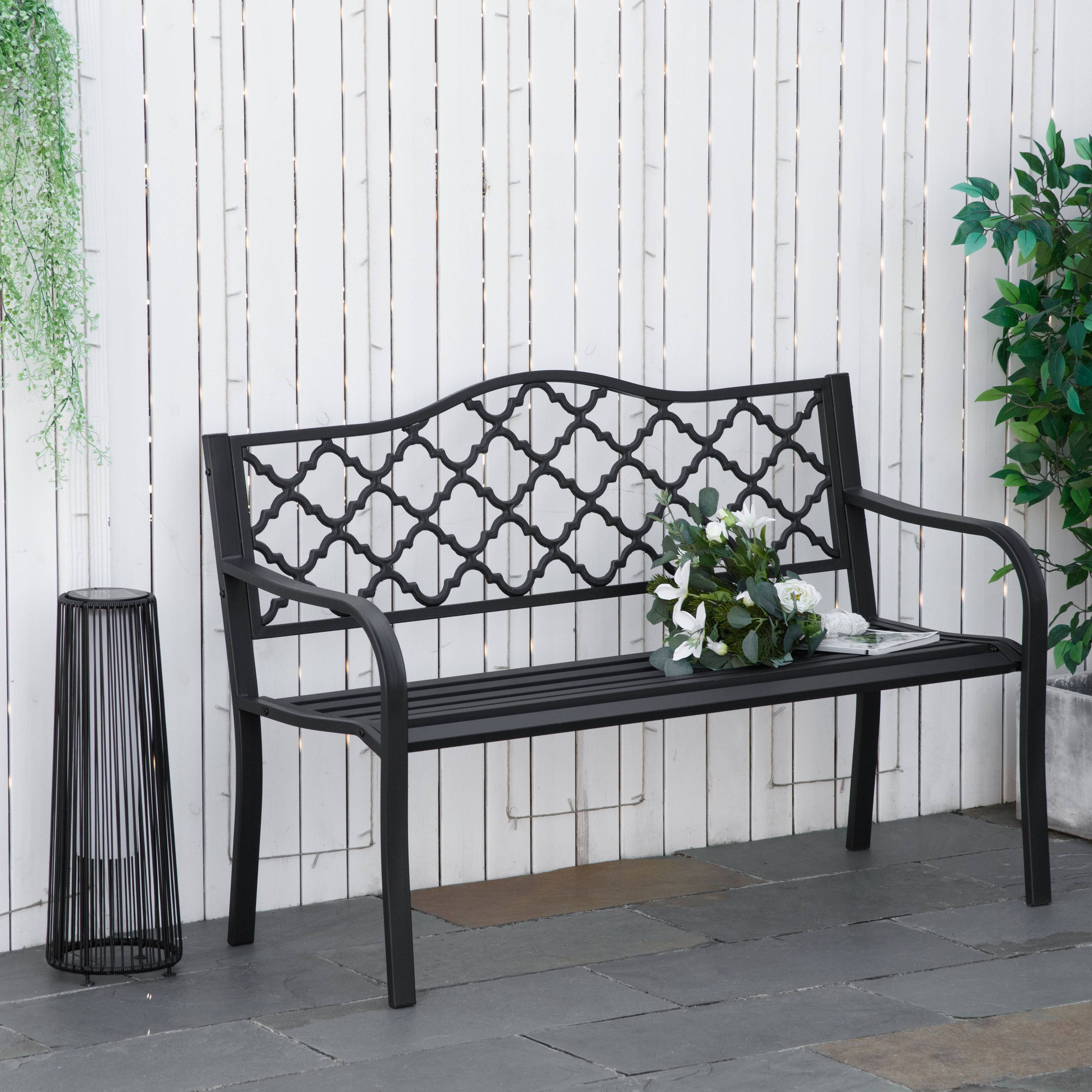 Banc de jardin 2 places en métal/fonte, dossier et accoudoirs, 128x58,5x89 cm, charge 240 kg, noir - Image 4