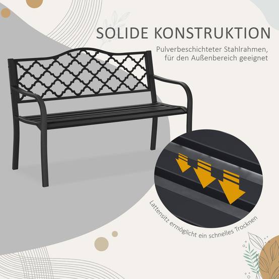 Banc de jardin 2 places en métal/fonte, dossier et accoudoirs, 128x58,5x89 cm, charge 240 kg, noir - Image 8