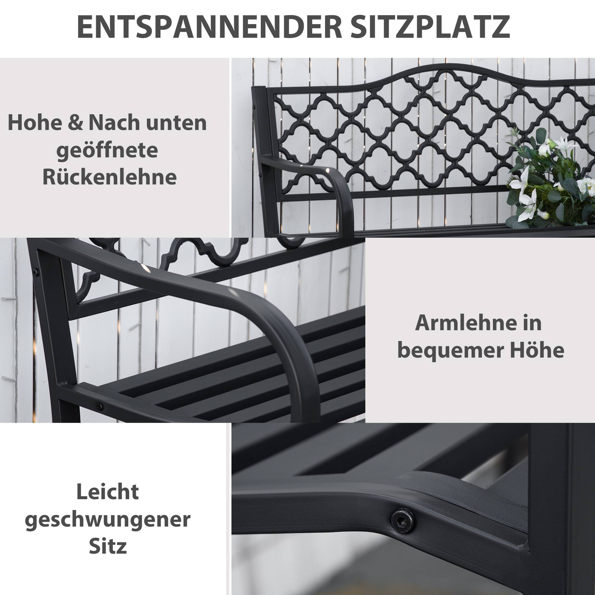 Banc de jardin 2 places en métal/fonte, dossier et accoudoirs, 128x58,5x89 cm, charge 240 kg, noir - Image 7