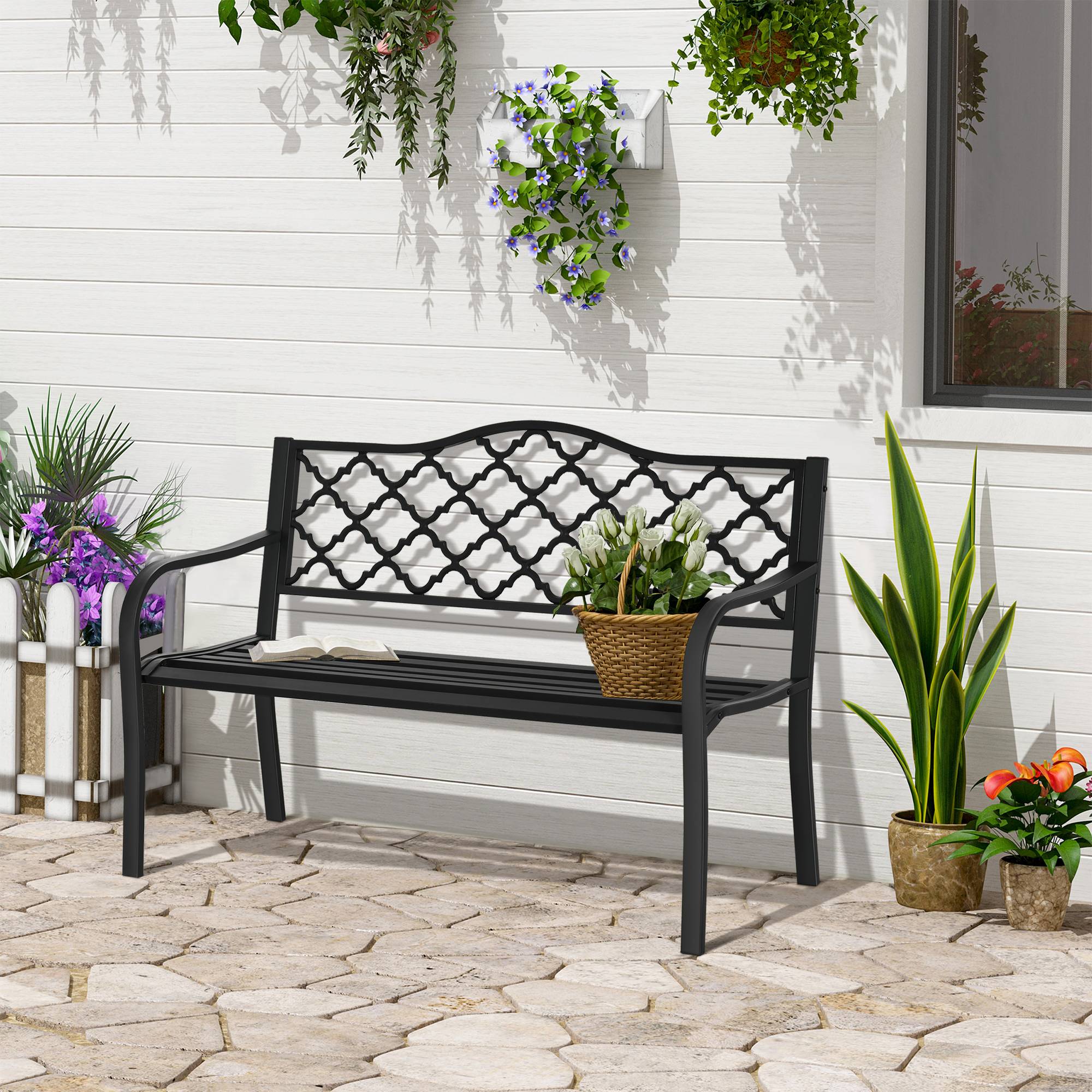 Banc de jardin 2 places en métal/fonte, dossier et accoudoirs, 128x58,5x89 cm, charge 240 kg, noir - Image 3