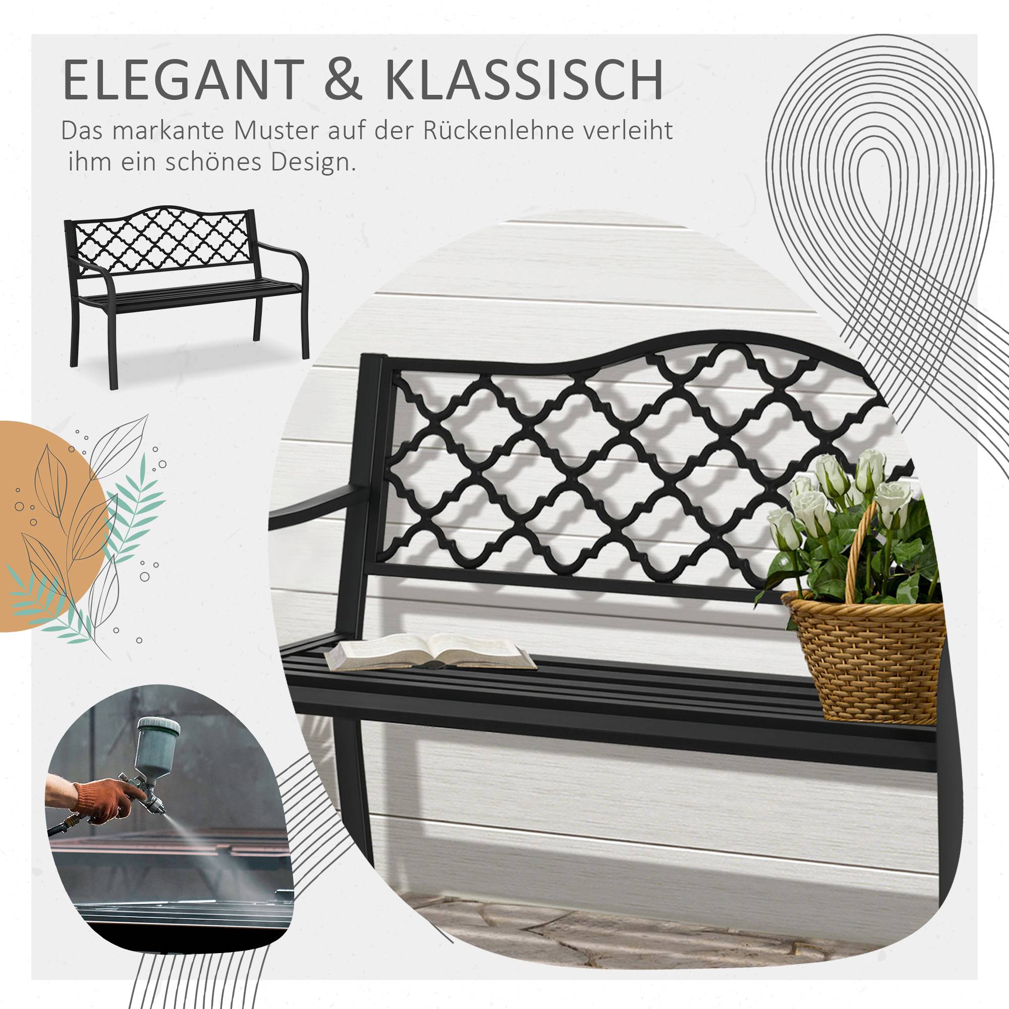 Banc de jardin 2 places en métal/fonte, dossier et accoudoirs, 128x58,5x89 cm, charge 240 kg, noir - Image 6