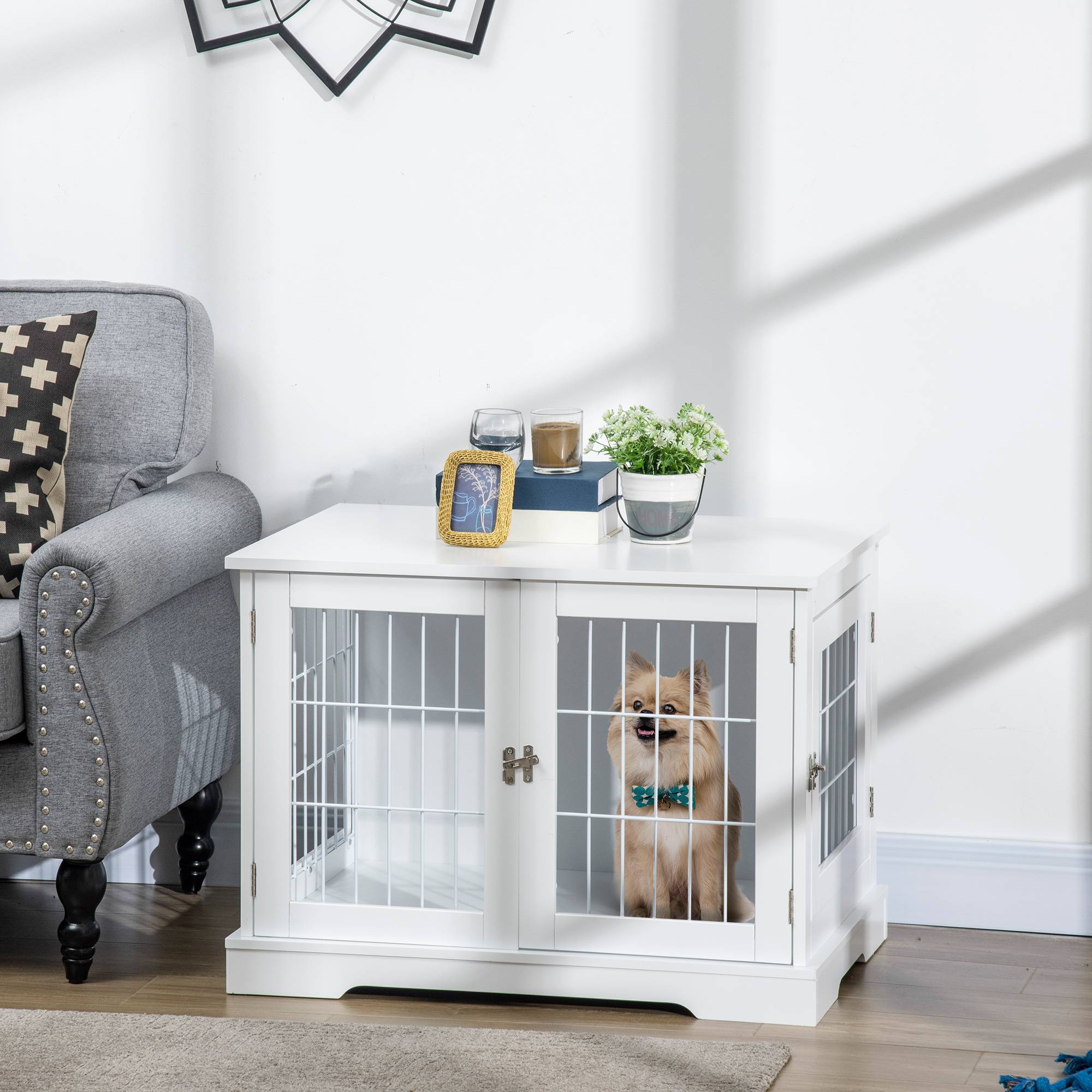 Cage chien 2en1 métal et bois MDF table d'appoint intérieur double accès 76cm blanc - ComfortXL Outdoor Living - Image 4