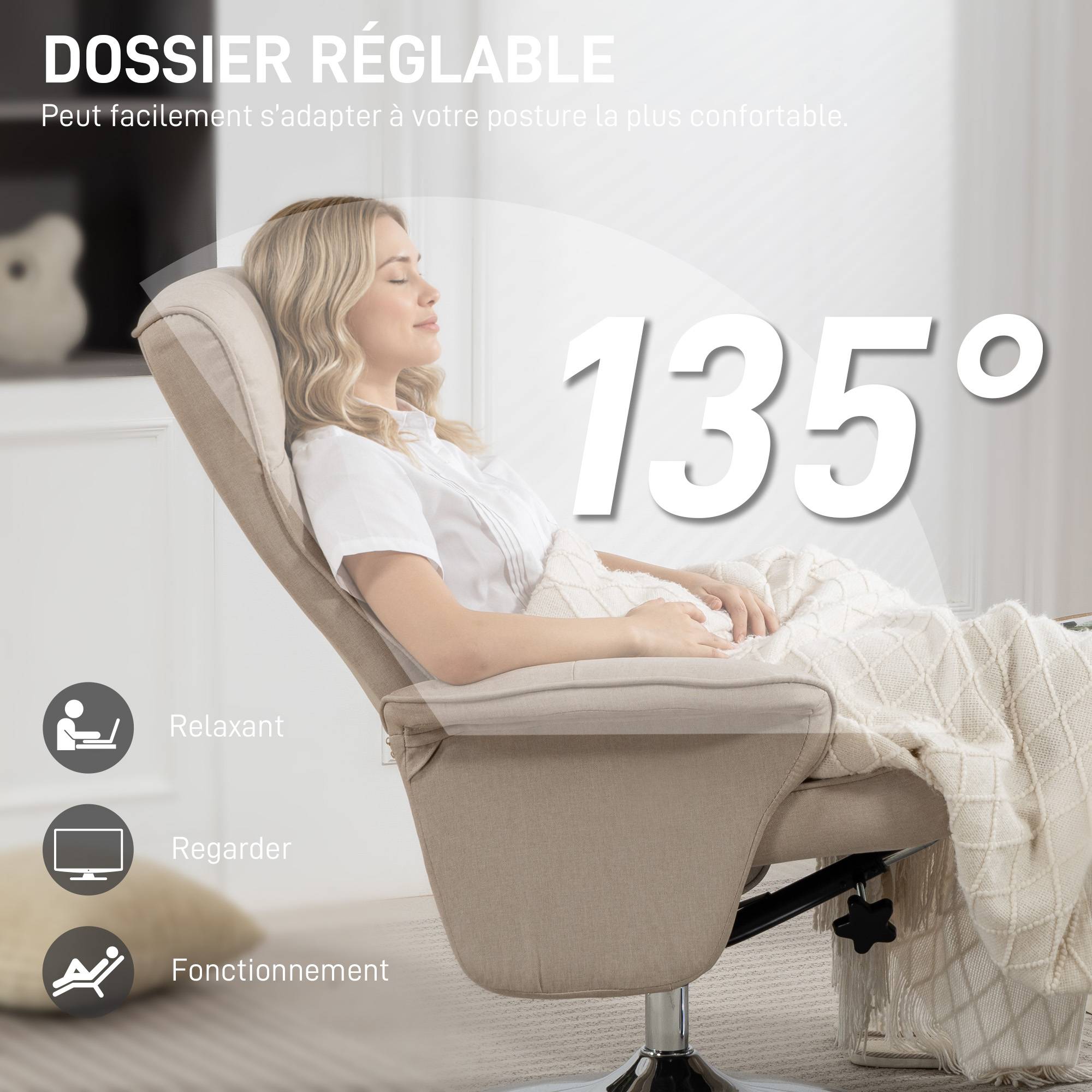 Fauteuil relax inclinable 135° pivotant 360° avec repose-pieds revêtement tissu beige - Image 6