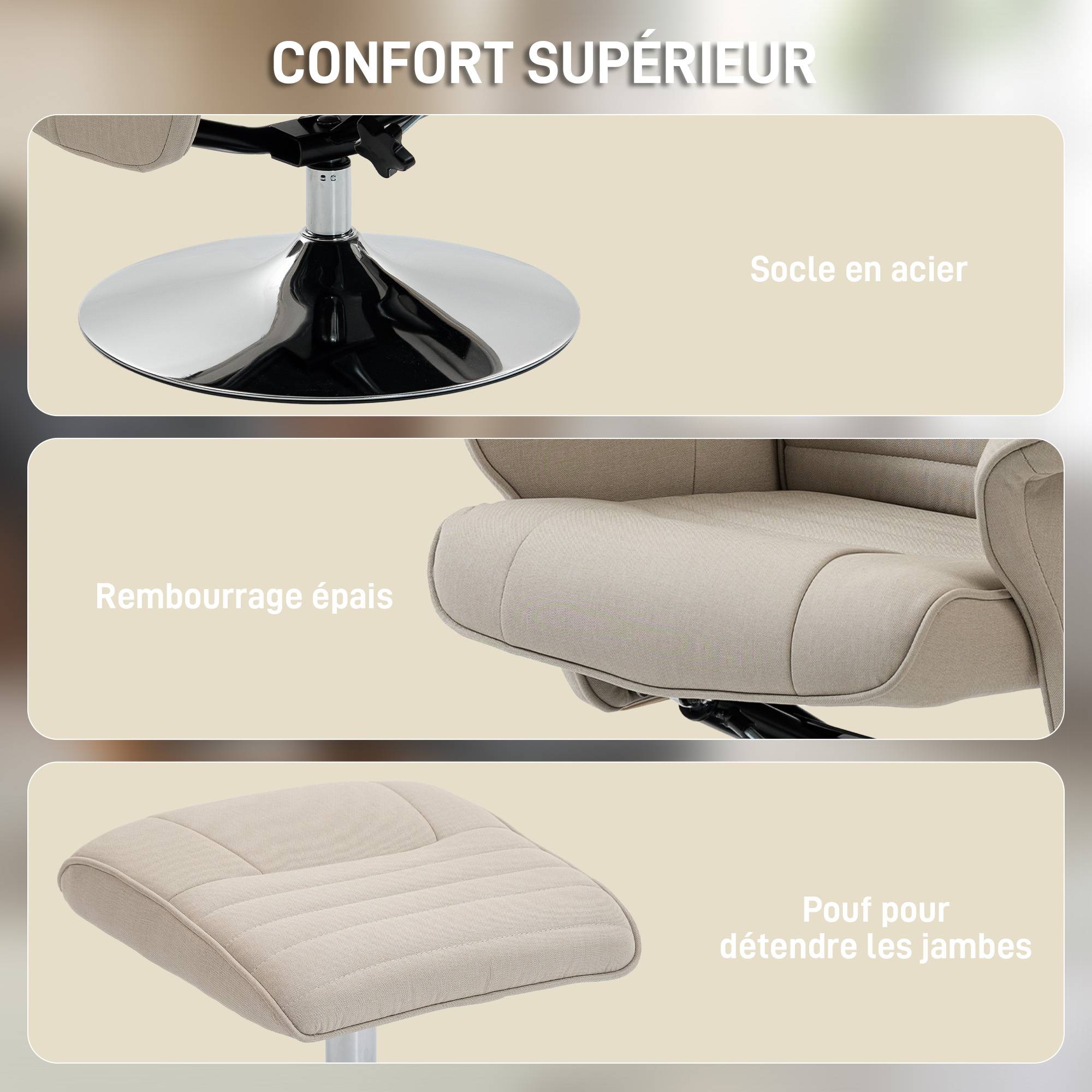 Fauteuil relax inclinable 135° pivotant 360° avec repose-pieds revêtement tissu beige - Image 8