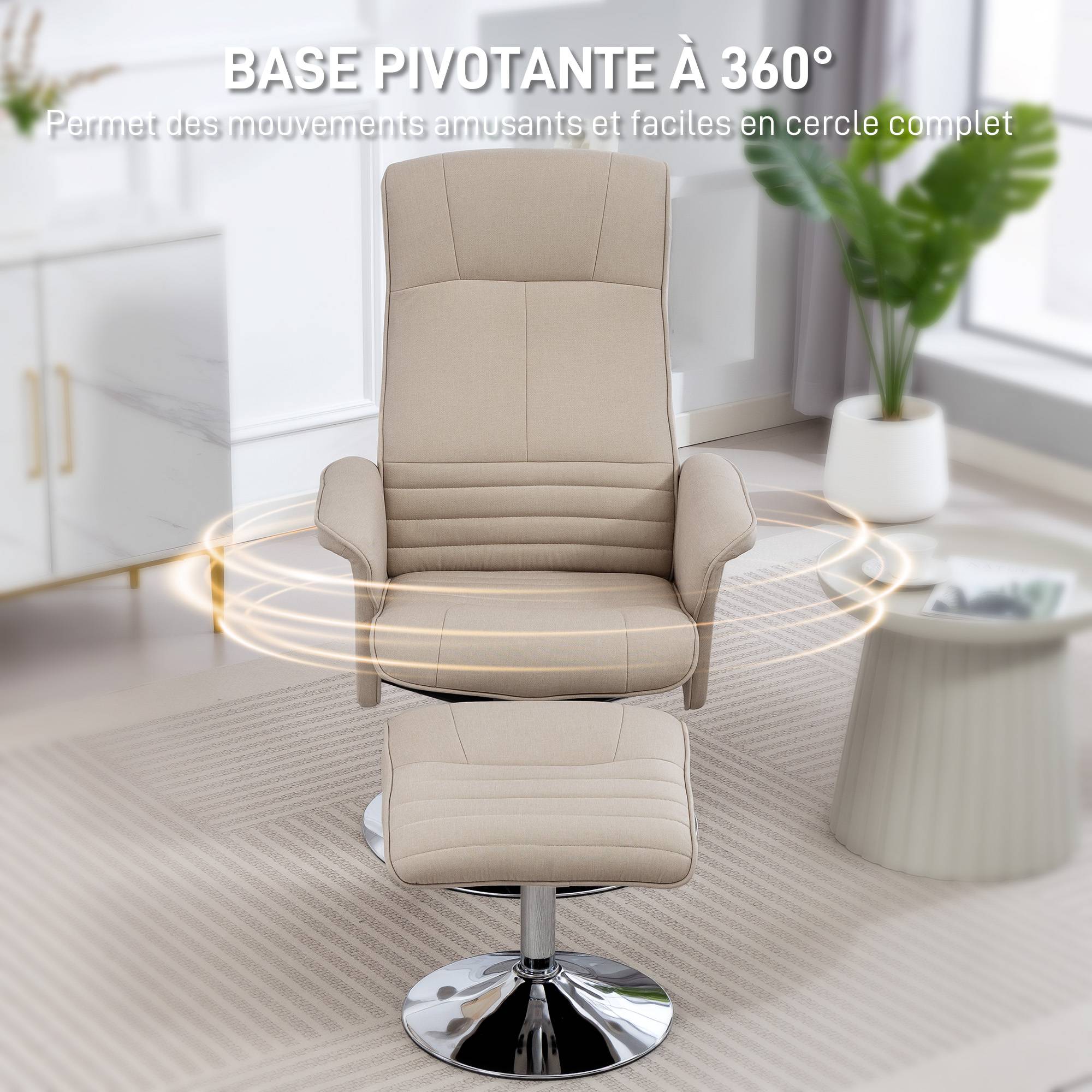 Fauteuil relax inclinable 135° pivotant 360° avec repose-pieds revêtement tissu beige - Image 7