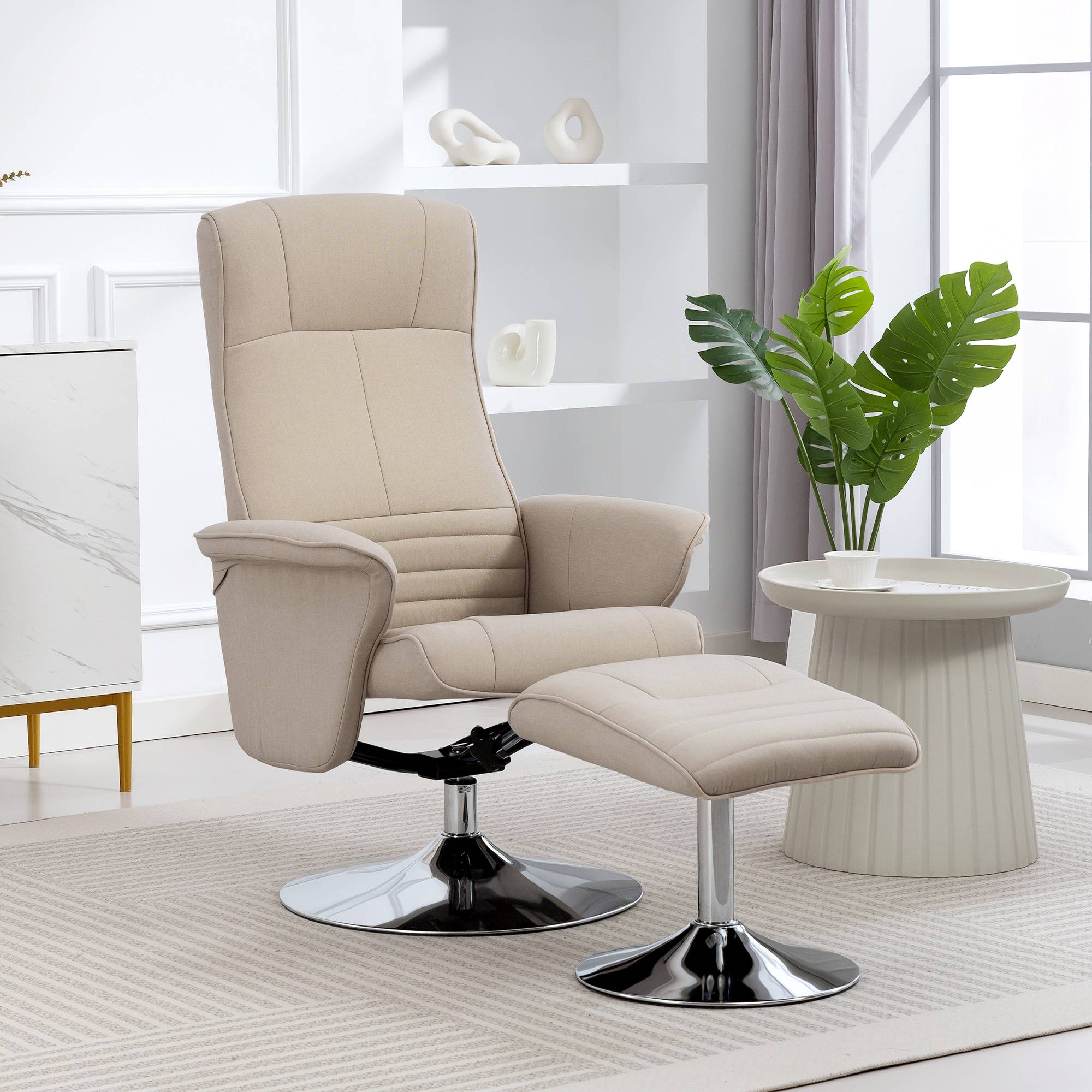 Fauteuil relax inclinable 135° pivotant 360° avec repose-pieds revêtement tissu beige - Image 4