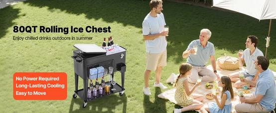 VEVOR Glacière à Roulettes Chariot Bar Extérieur pour Terrasse 75,71 L Noir - Image 9