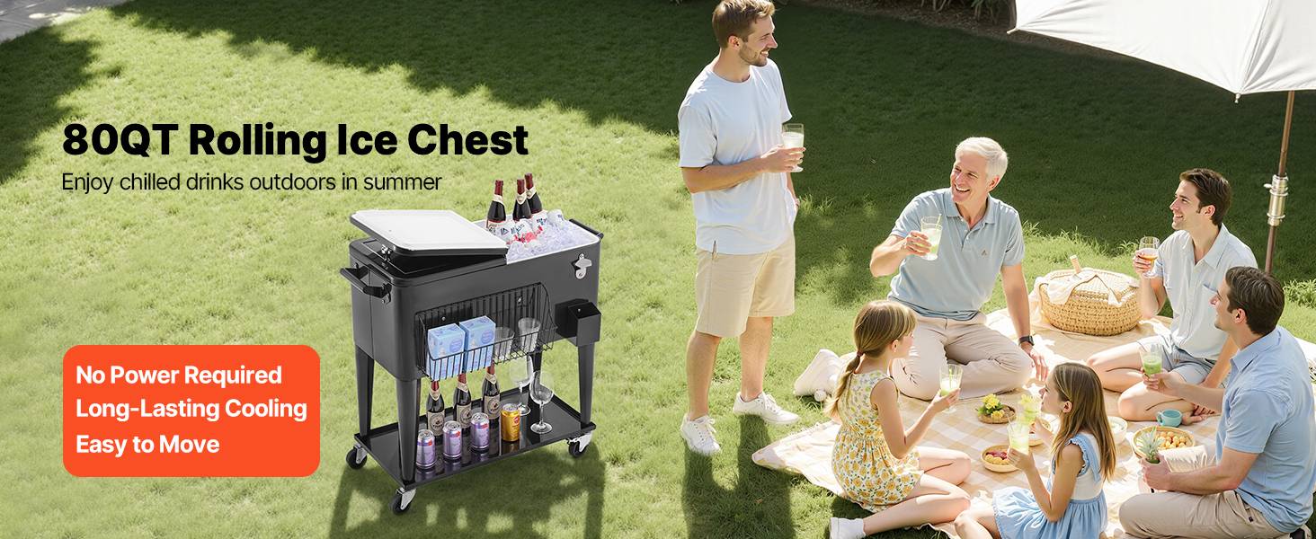 VEVOR Glacière à Roulettes Chariot Bar Extérieur pour Terrasse 75,71 L Noir - Image 9