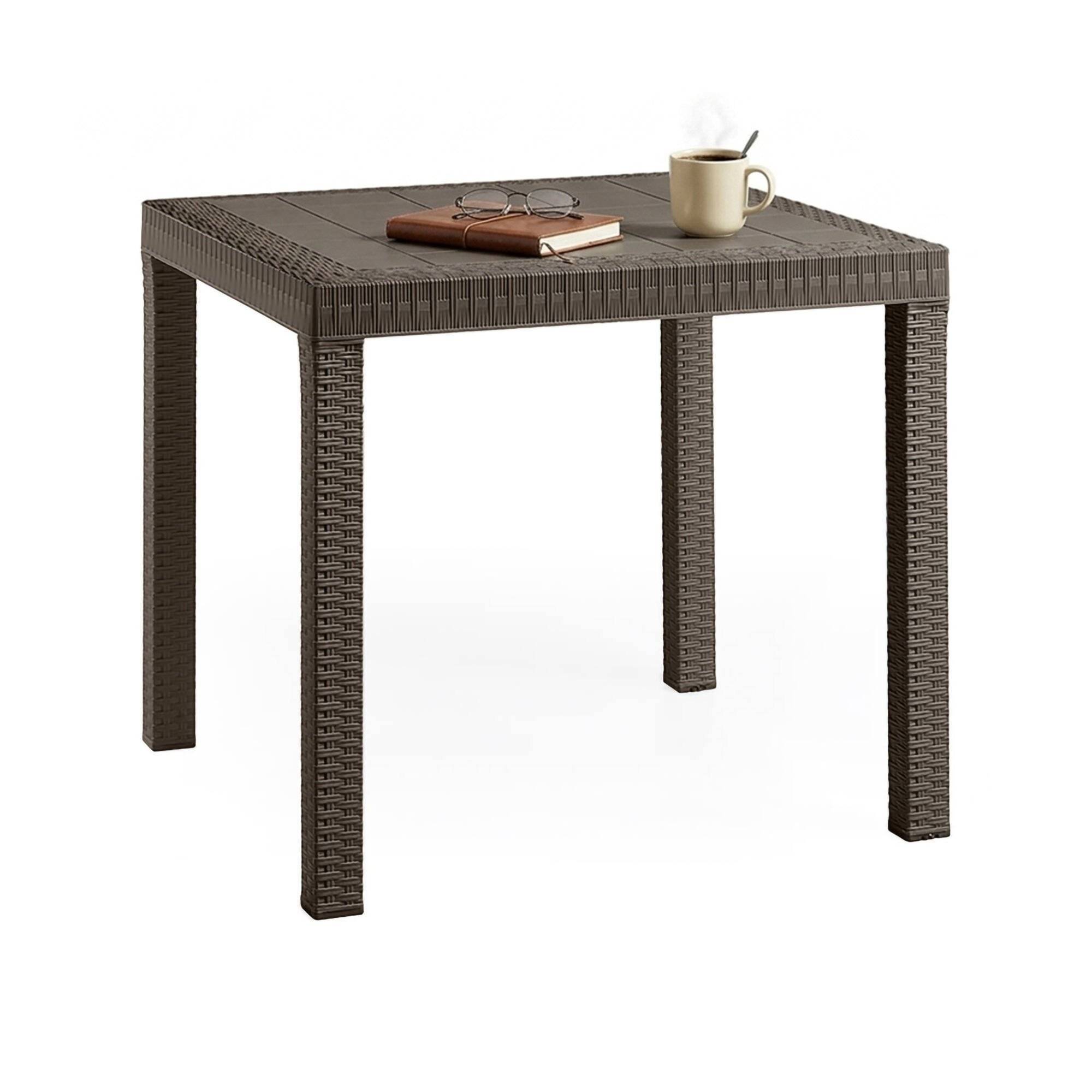 Dmora - Table d'extérieur Dguidon, Etagère carrée fixe, Table de jardin polyvalente effet rotin, 100% Made in Italy, 80x80h74 cm, Marron - Dmora - Imagen 1