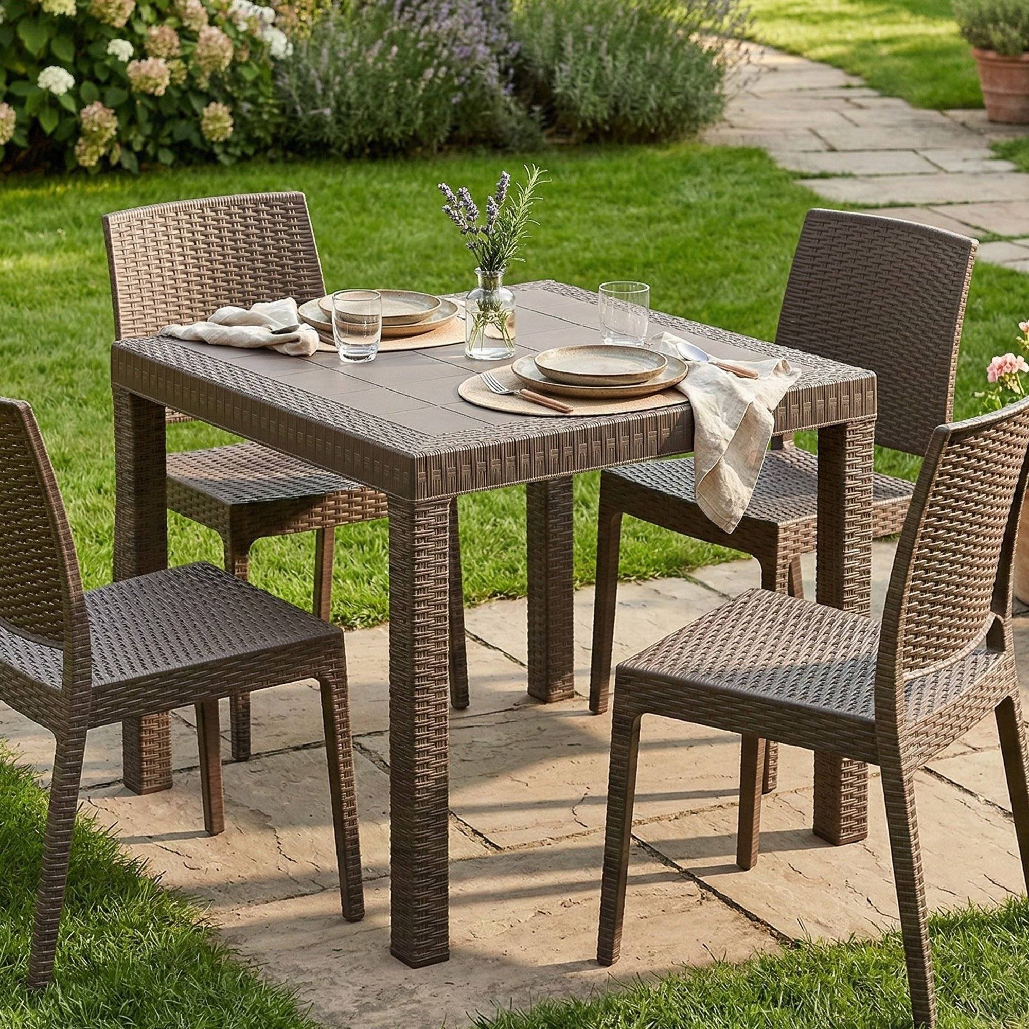 Dmora - Table d'extérieur Dguidon, Etagère carrée fixe, Table de jardin polyvalente effet rotin, 100% Made in Italy, 80x80h74 cm, Marron - Dmora - Imagen 2
