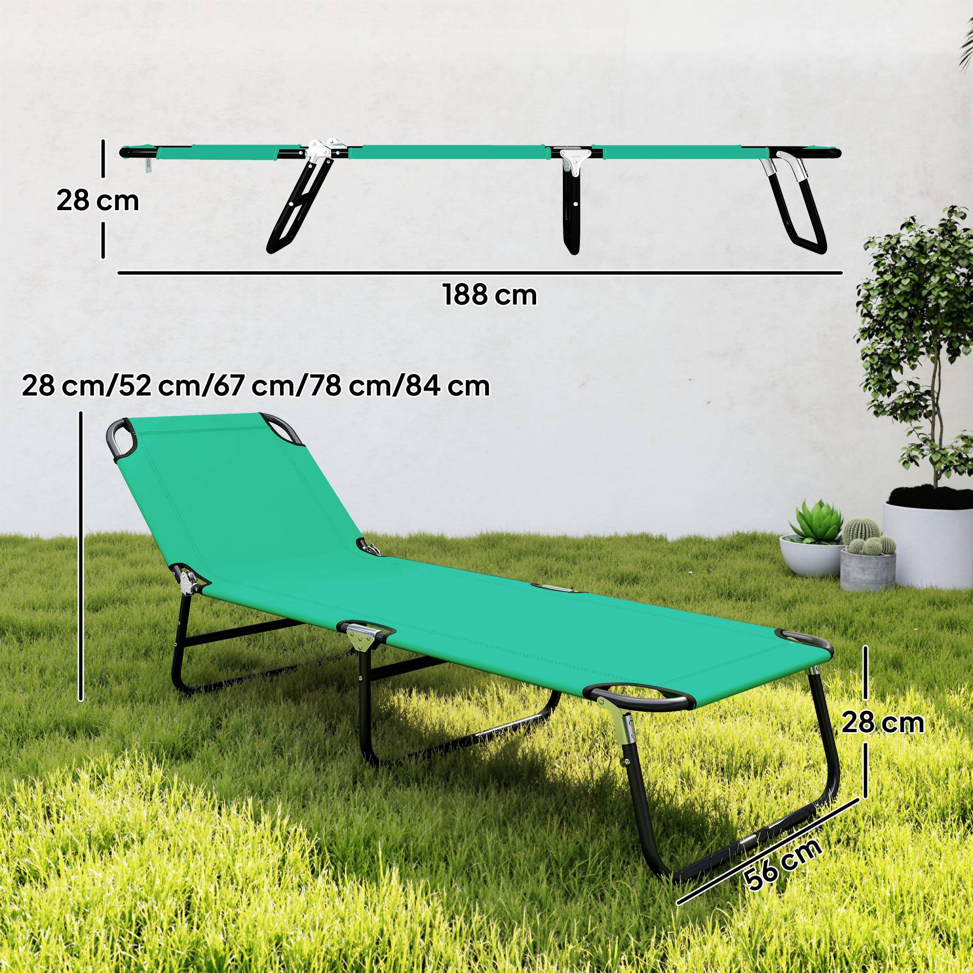 Chaise longue de jardin pliante avec dossier inclinable 4 positions, 188 x 56 x 28 cm, verte - Image 5