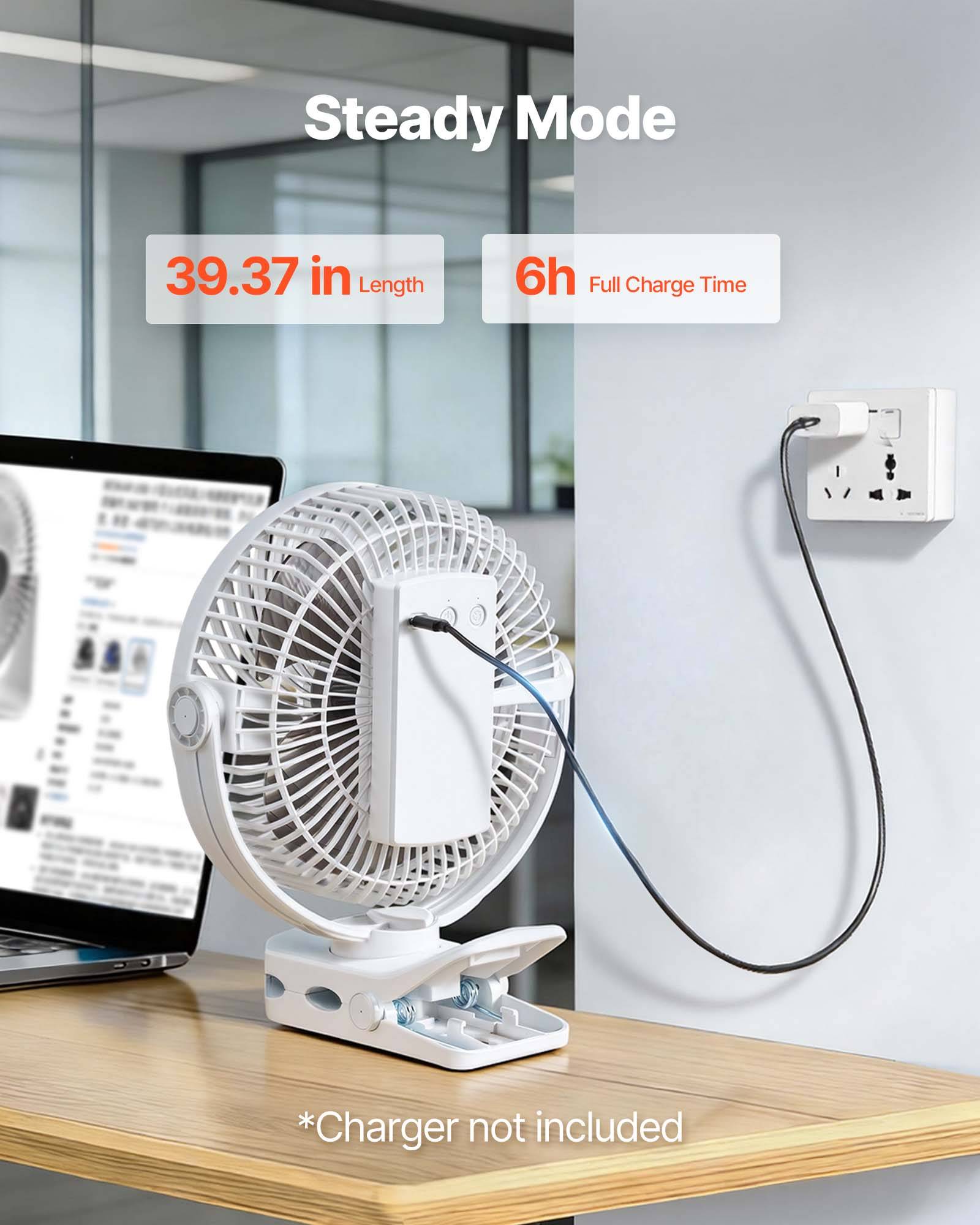 VEVOR Ventilateur Pince Portable Rechargeable USB 3 Vitesses Mode Cyclique Blanc - Image 6