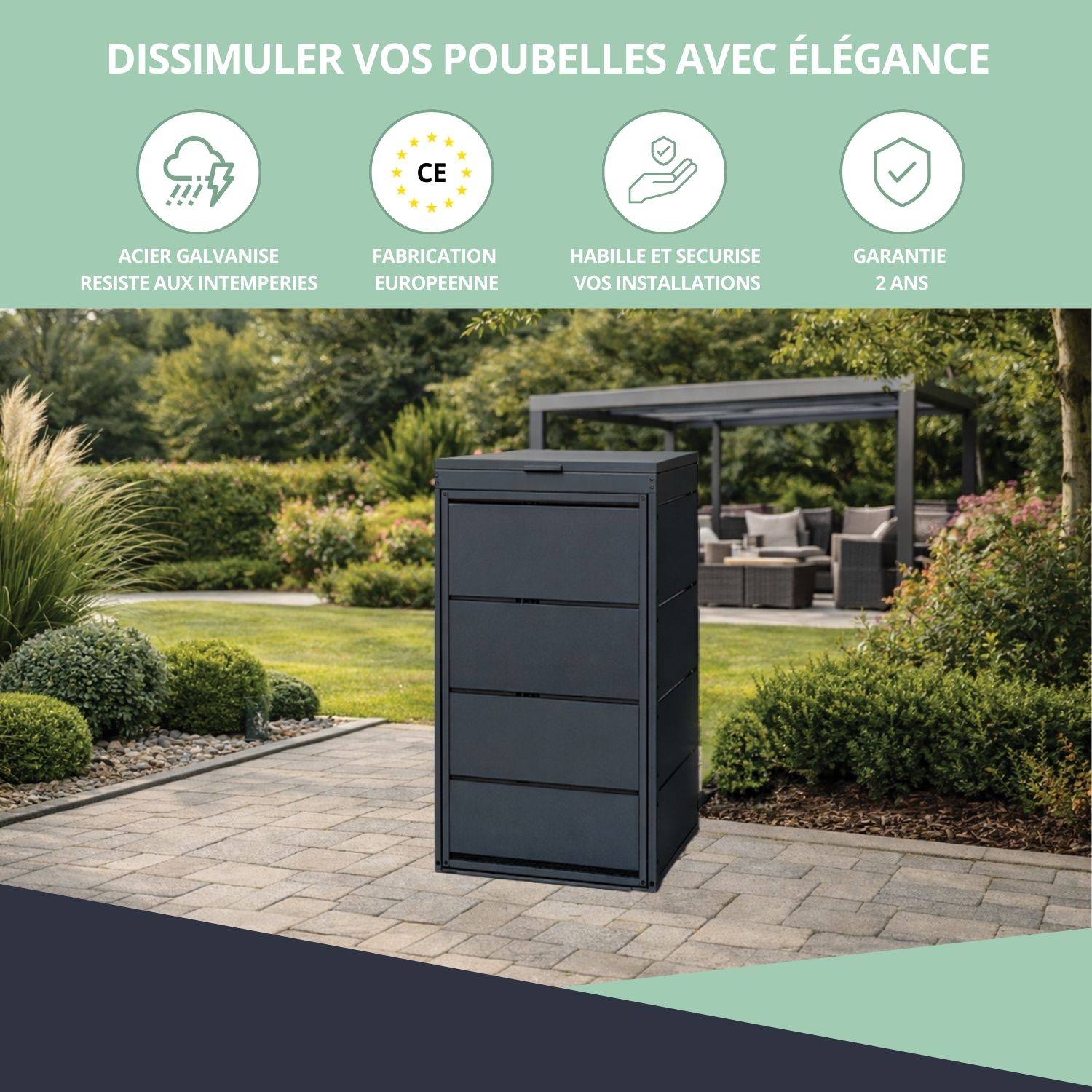 Cache poubelle extérieur simple en acier galvanisé - Abri poubelle pour 1 conteneur 240 Litres – Gris Anthracite RAL7016 - Image 7
