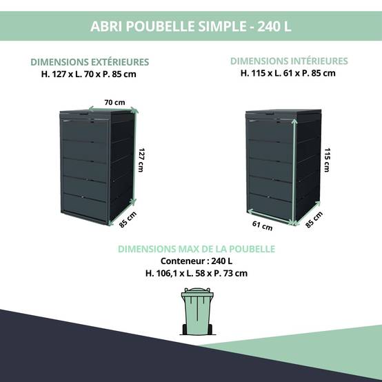 Cache poubelle extérieur simple en acier galvanisé - Abri poubelle pour 1 conteneur 240 Litres – Gris Anthracite RAL7016 - Image 3