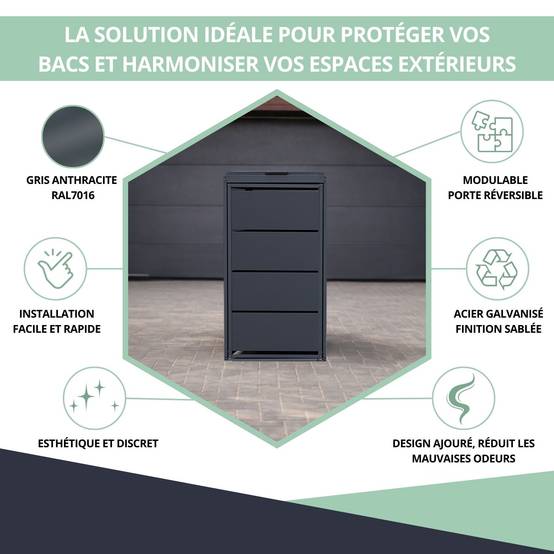 Cache poubelle extérieur simple en acier galvanisé - Abri poubelle pour 1 conteneur 240 Litres – Gris Anthracite RAL7016 - Image 2