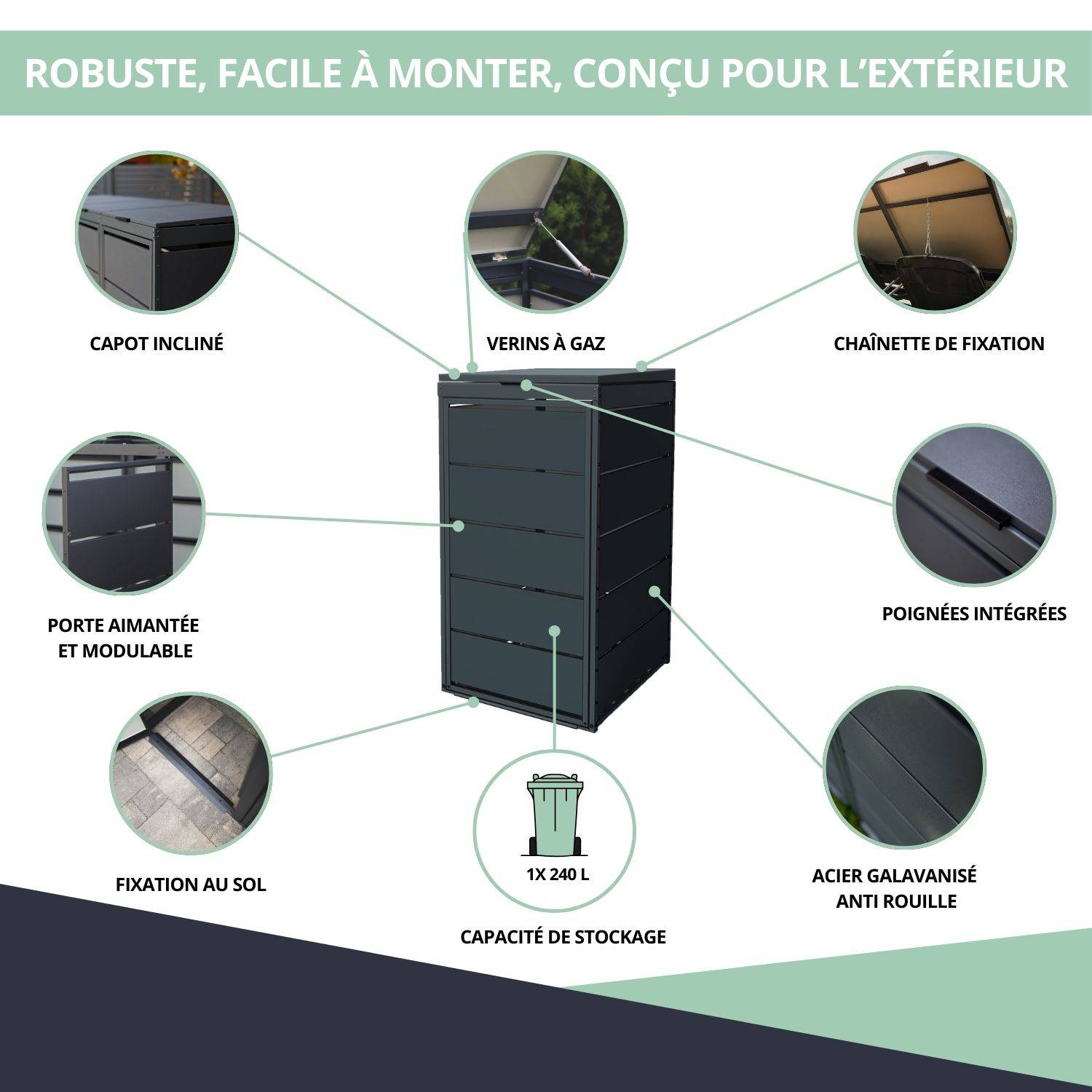 Cache poubelle extérieur simple en acier galvanisé - Abri poubelle pour 1 conteneur 240 Litres – Gris Anthracite RAL7016 - Image 5
