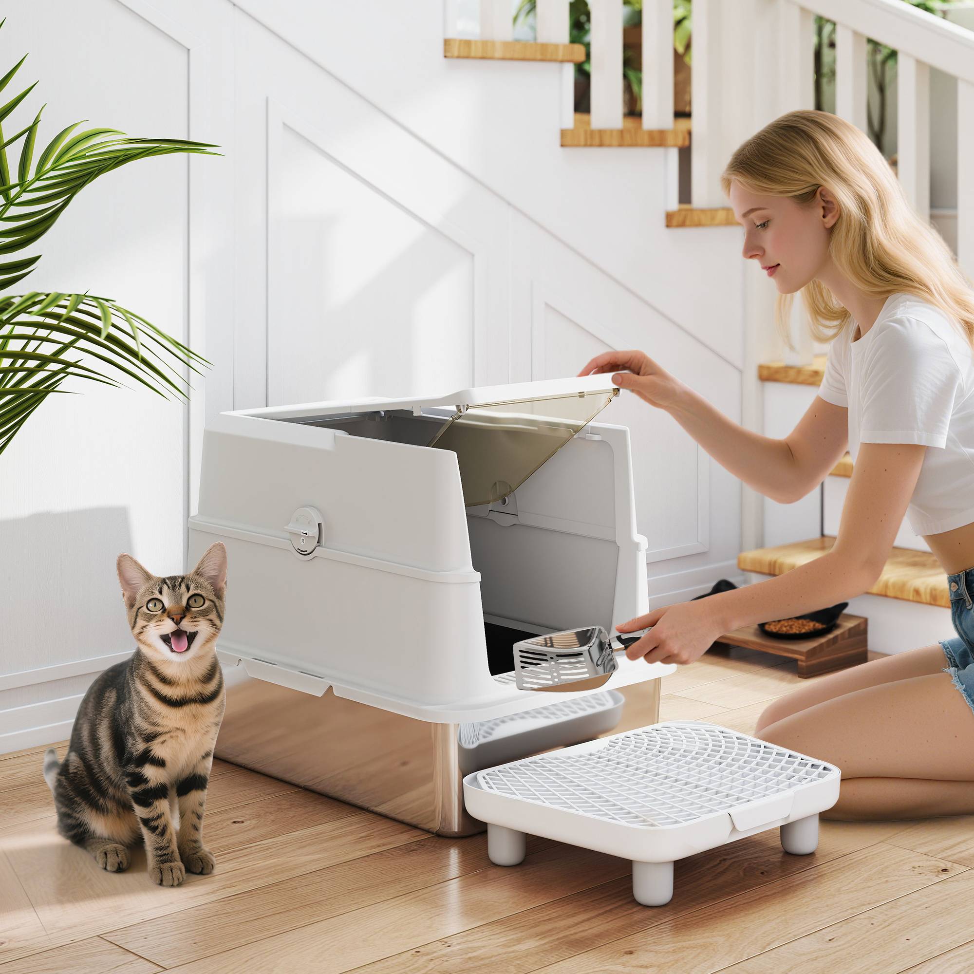 Litière chat acier inoxydable XL fermée couvercle rabattable bord haut pelle métal antifuite gris clair - Image 3