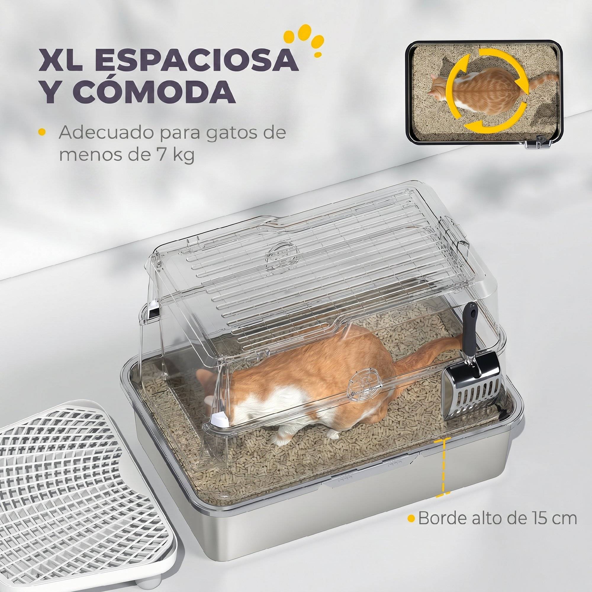 Litière chat acier inoxydable XL fermée couvercle rabattable bord haut pelle métal antifuite gris clair - Image 8