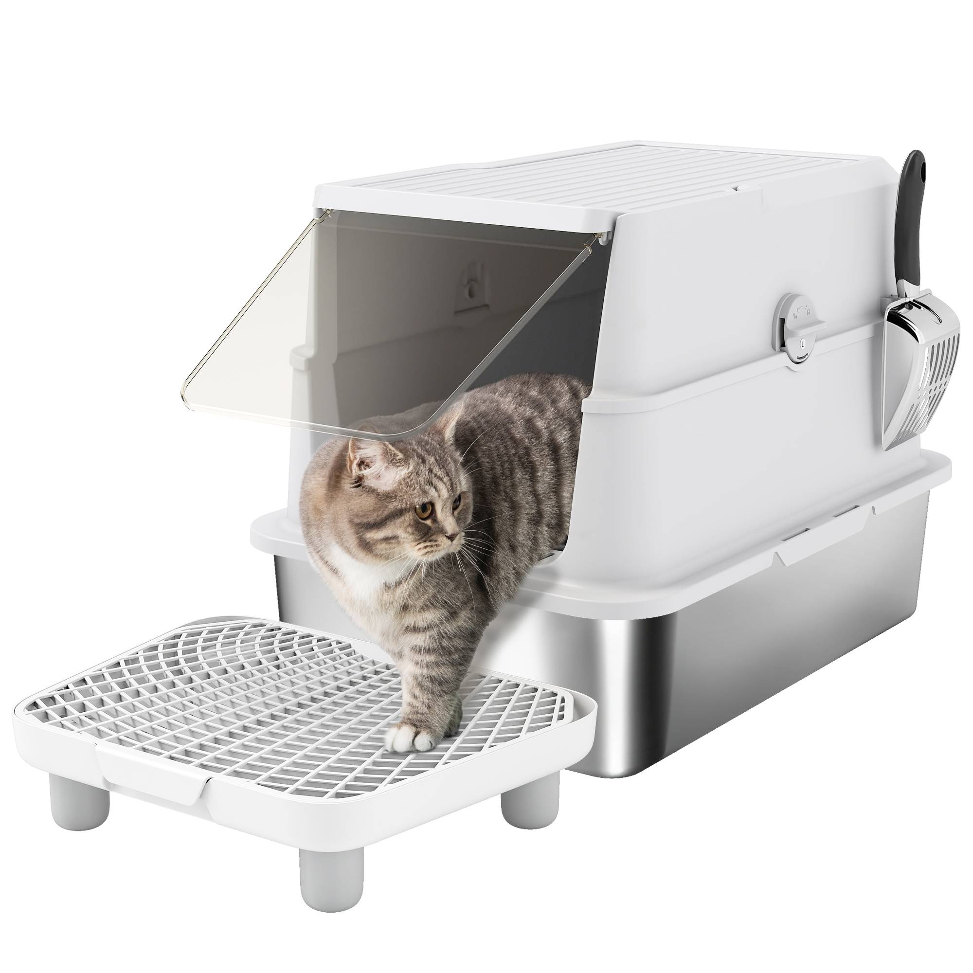 Litière chat acier inoxydable XL fermée couvercle rabattable bord haut pelle métal antifuite gris clair - Image 1