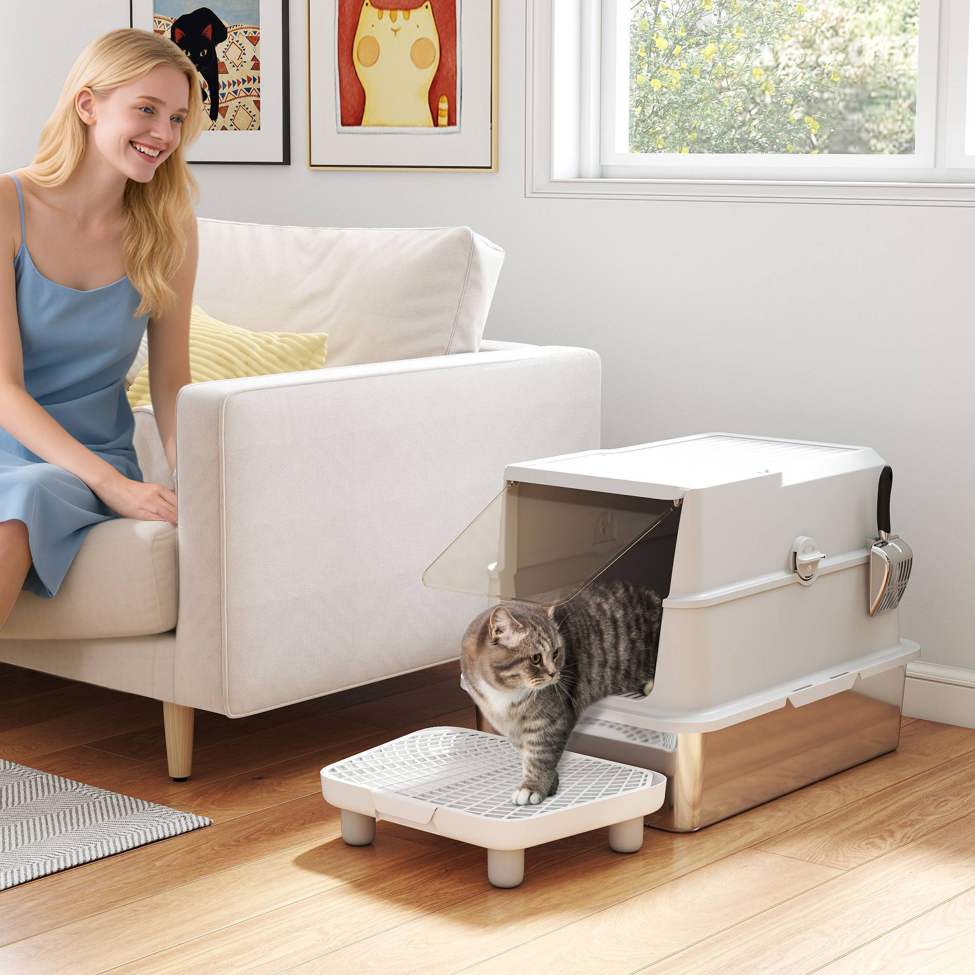 Litière chat acier inoxydable XL fermée couvercle rabattable bord haut pelle métal antifuite gris clair - Image 4