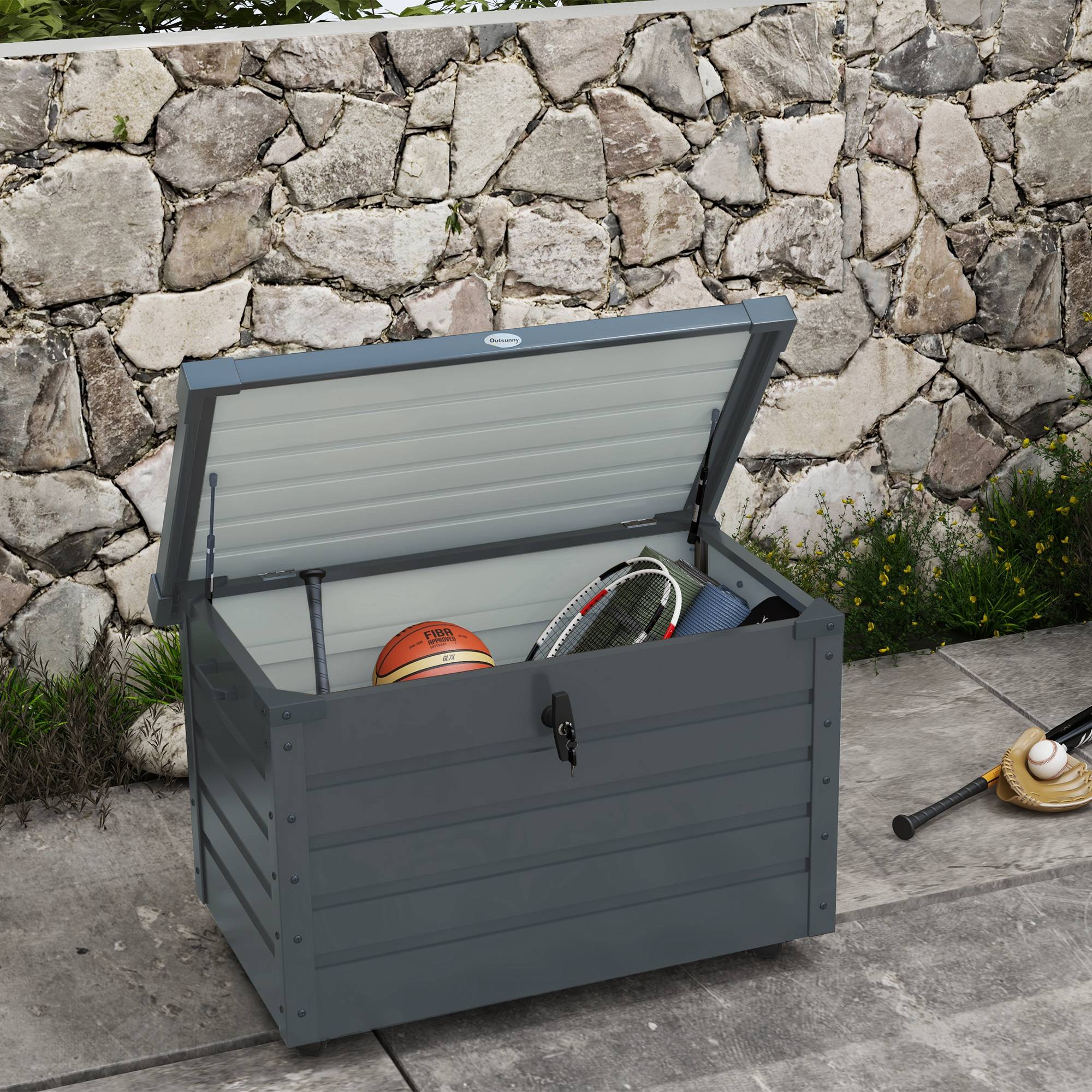 ComfortXL - Coffre de Rangement Extérieur Acier sur Roulettes Verrouillable 295L 100x62x65cm Gris - ComfortXL Outdoor Living - Image 3