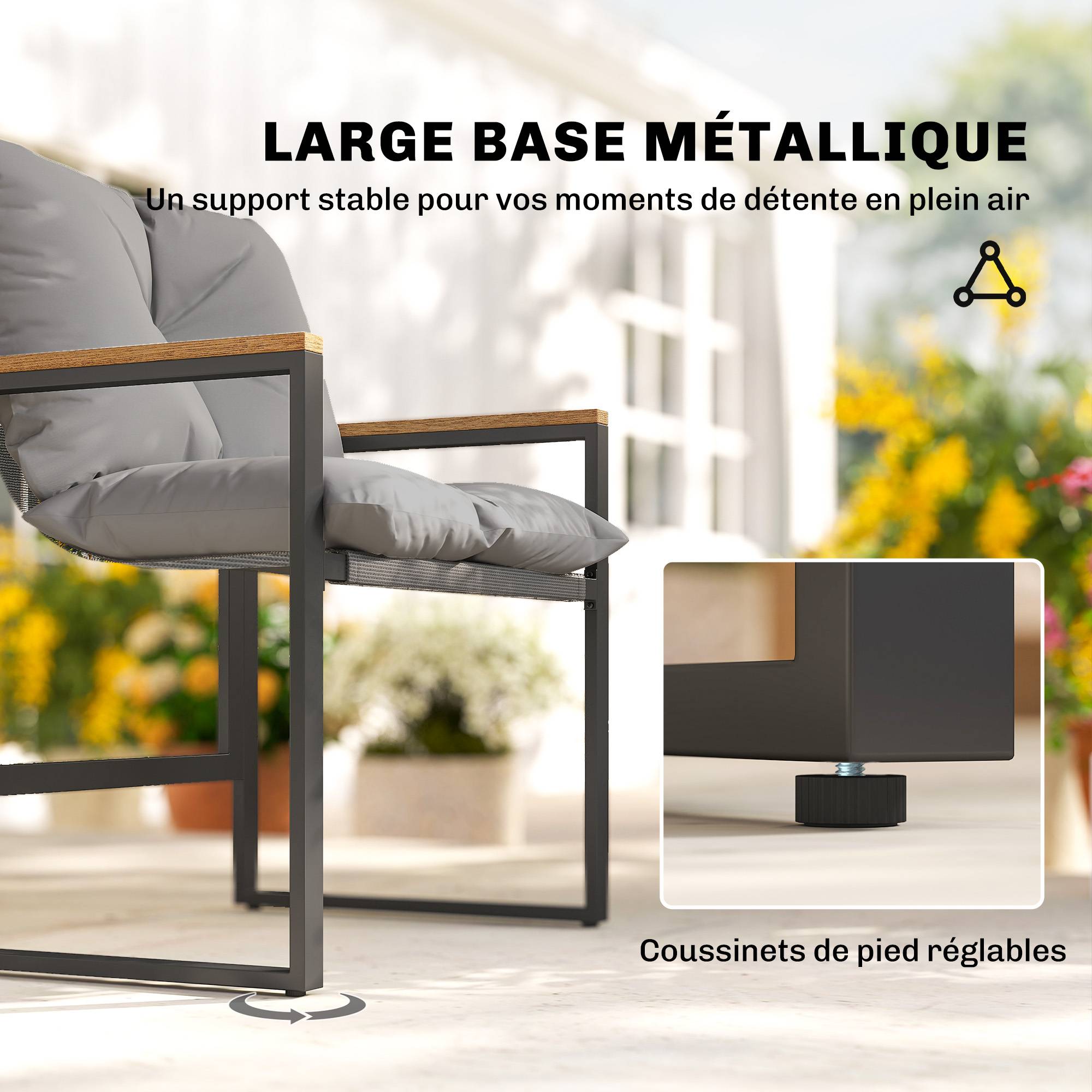 Outsunny - Salon de jardin 3 pièces 2 places - 2 fauteuils 1 table basse en verre trempé et coussins - métal et textilène - gris - Outsunny - Image 5