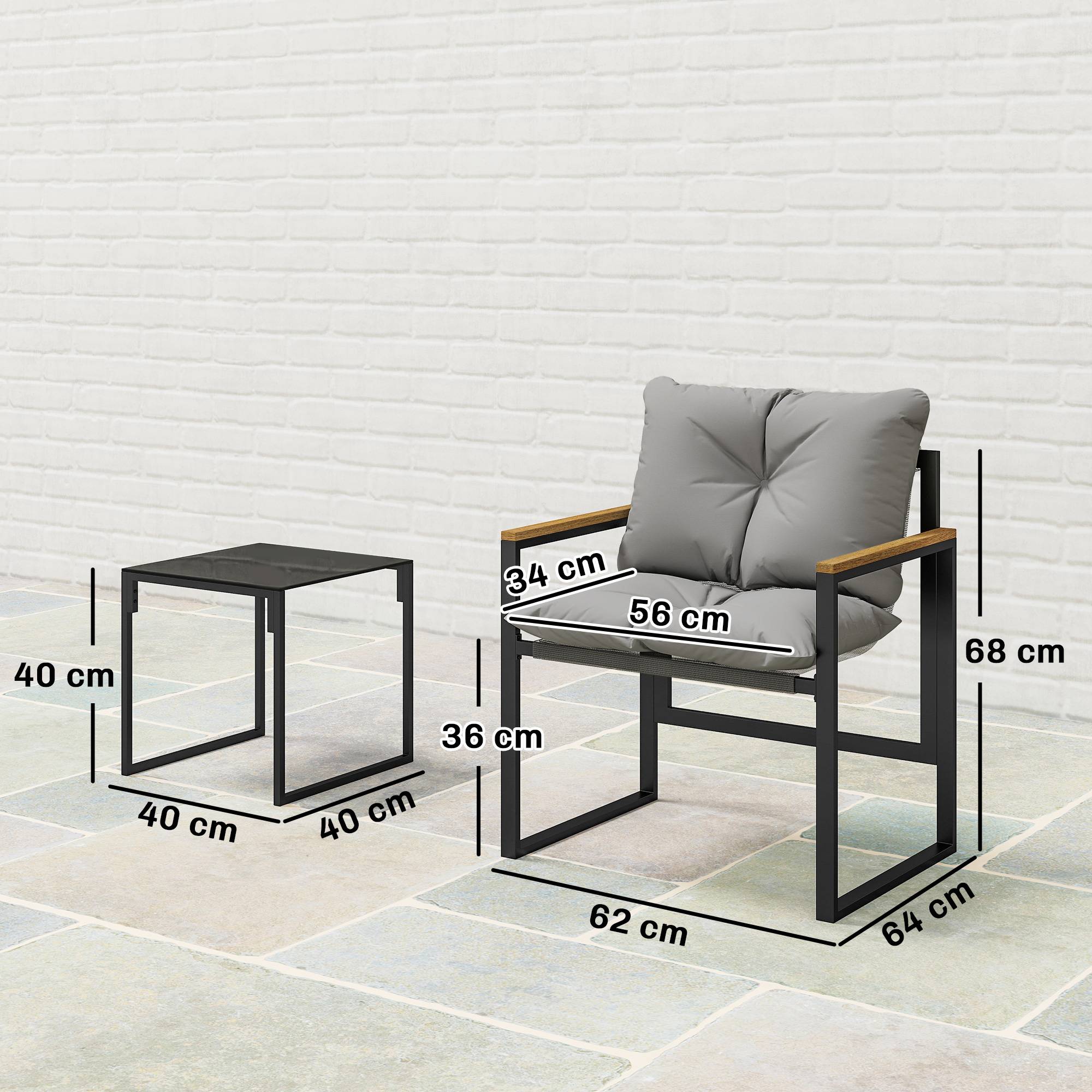 Outsunny - Salon de jardin 3 pièces 2 places - 2 fauteuils 1 table basse en verre trempé et coussins - métal et textilène - gris - Outsunny - Image 3