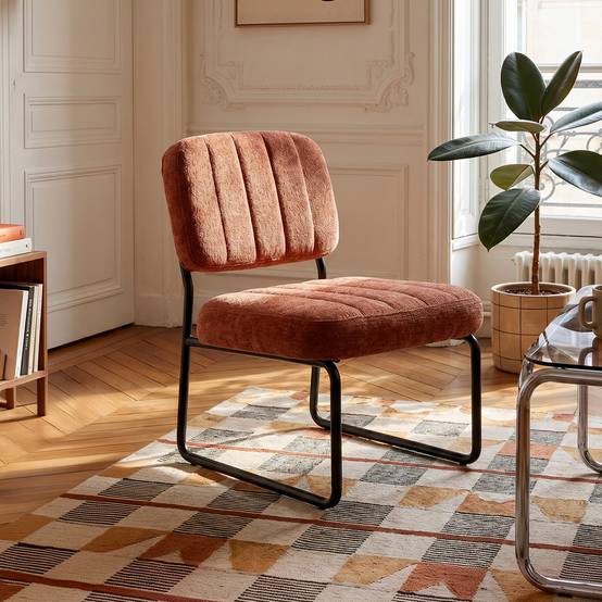 Sicaan Fauteuil terracotta rembourré pieds métal noir et tissu chenille - PAOLA - Image 1