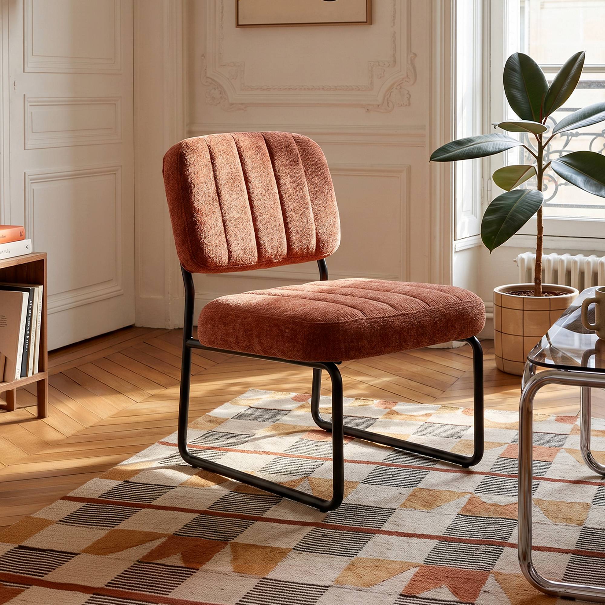Sicaan Fauteuil terracotta rembourré pieds métal noir et tissu chenille - PAOLA - Image 1