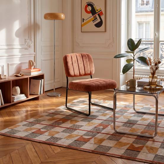 Sicaan Fauteuil terracotta rembourré pieds métal noir et tissu chenille - PAOLA - Image 5