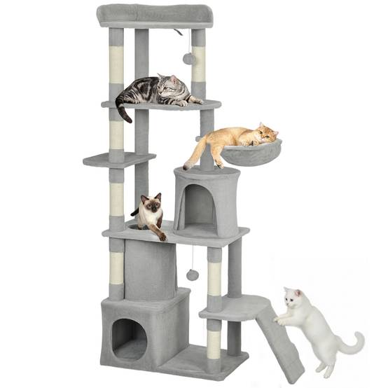 Arbre à Chat Géant 170 cm Panneau de Bois Multi-Niveaux avec Niches Hamac et Tunnel Gris Clair - ComfortXL Outdoor Living - Image 1