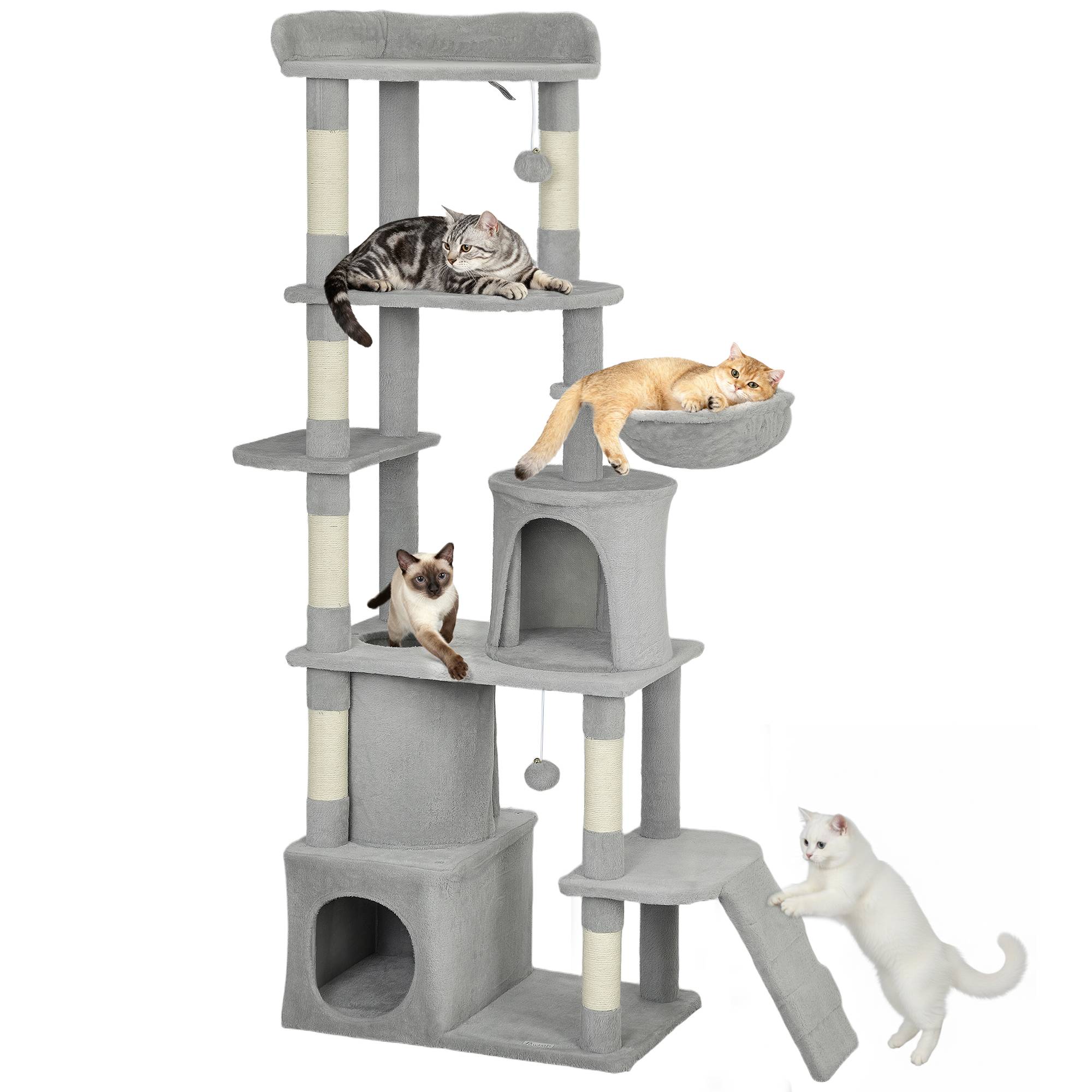 Arbre à Chat Géant 170 cm Panneau de Bois Multi-Niveaux avec Niches Hamac et Tunnel Gris Clair - ComfortXL Outdoor Living - Image 1